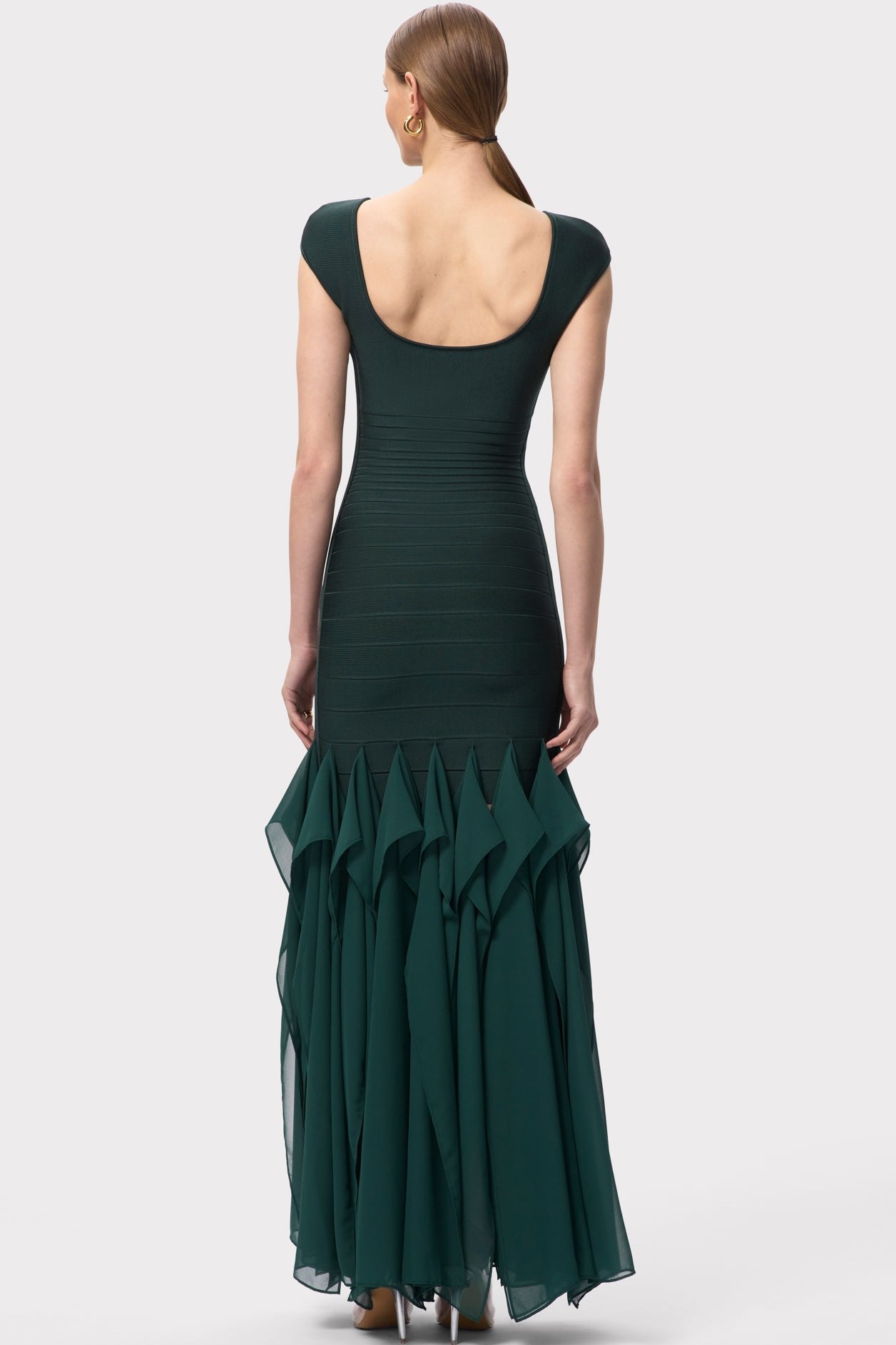 Bandage Splicing Mesh Ruffle Maxi  Dress