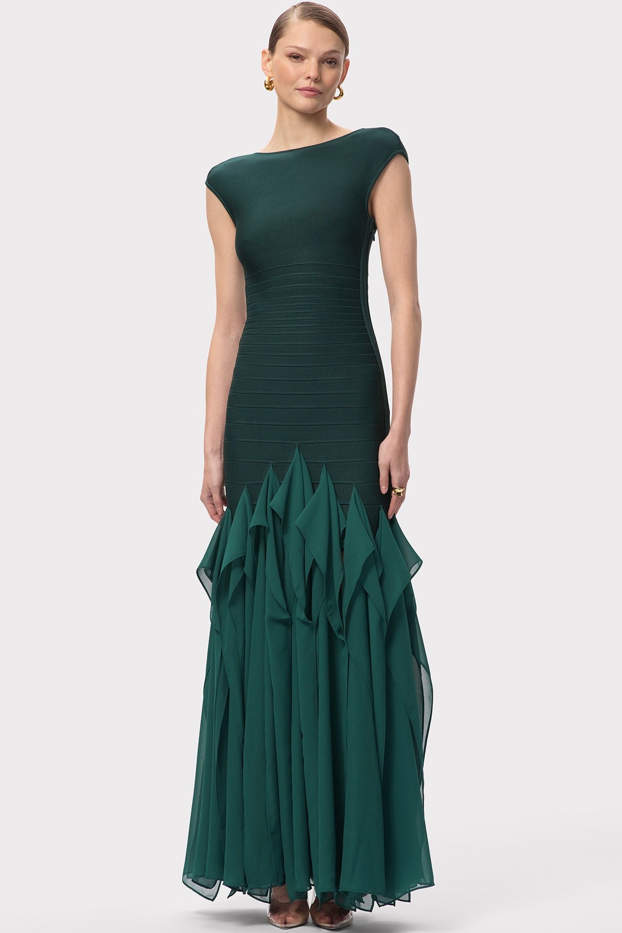 Bandage Splicing Mesh Ruffle Maxi  Dress