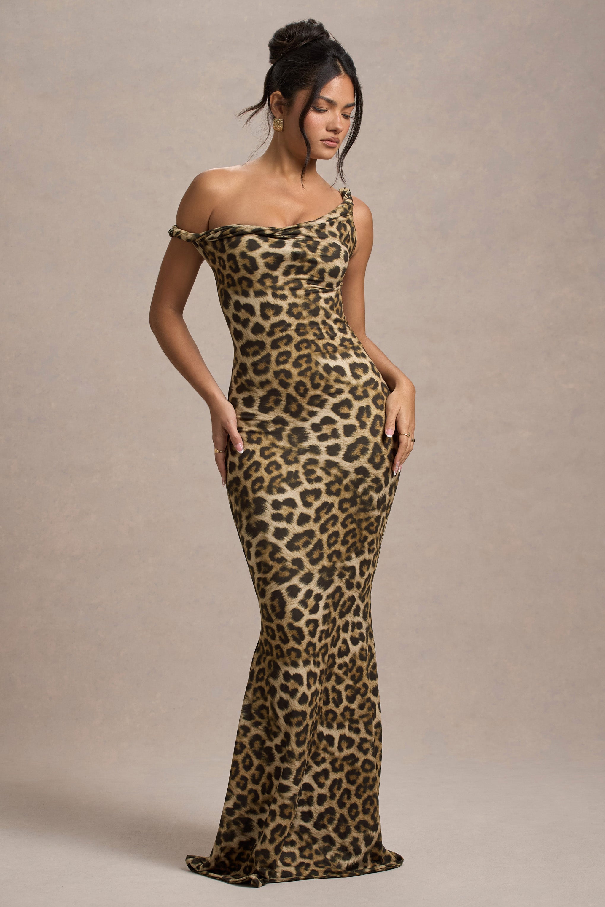 Jersey Leopard Print Skew Collar Maxi Dress