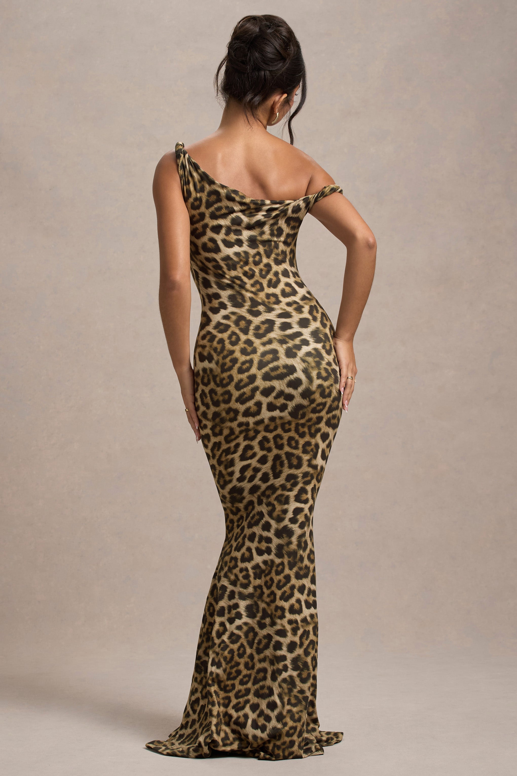 Jersey Leopard Print Skew Collar Maxi Dress