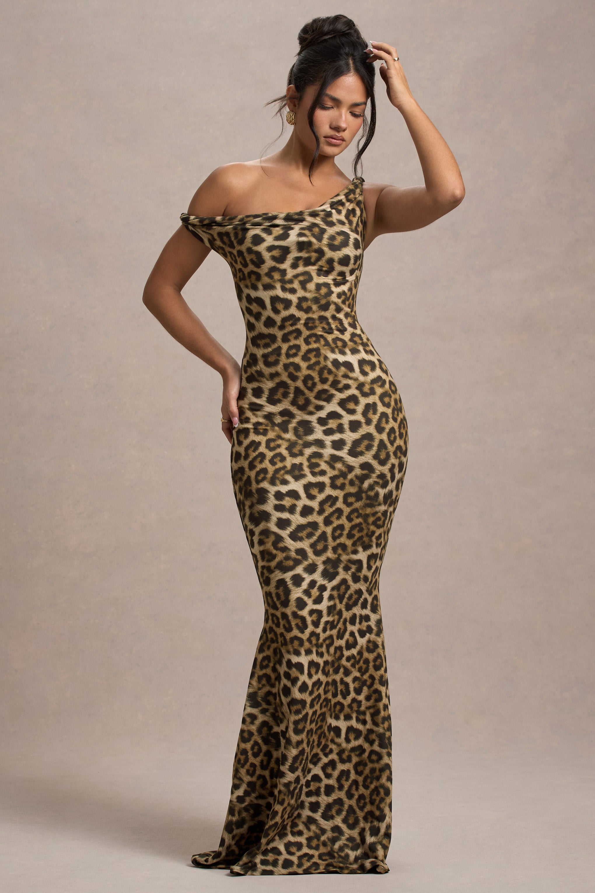 Jersey Leopard Print Skew Collar Maxi Dress