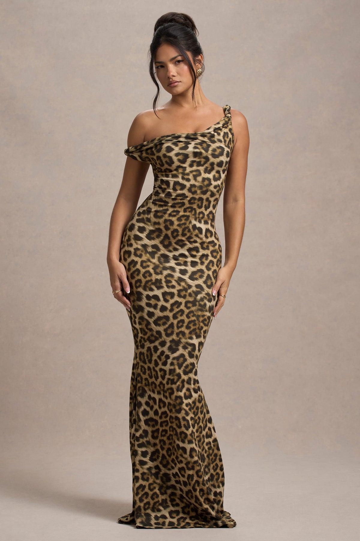 Jersey Leopard Print Skew Collar Maxi Dress