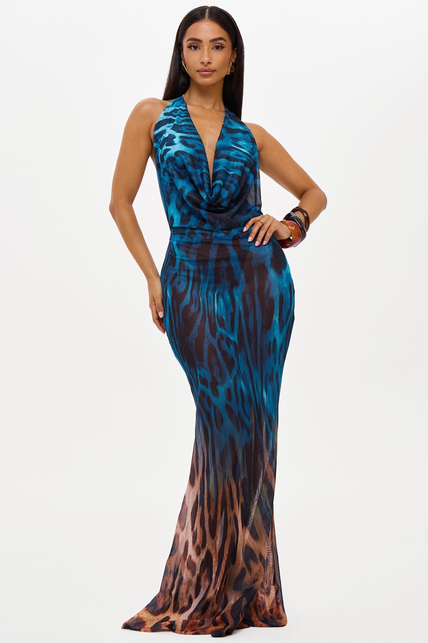 Animal Print Gradient Color Halter Neck Maxi Dress