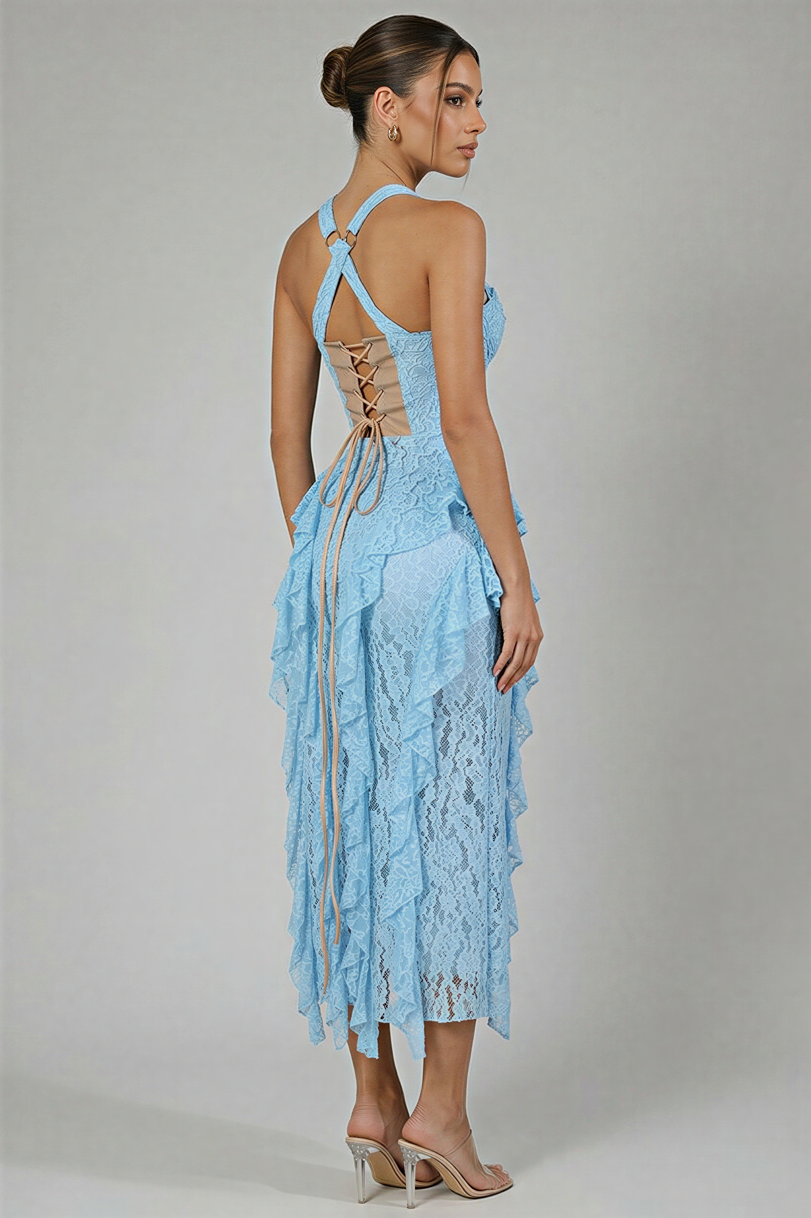 Pu Leather Splicing Lace Ruffle Tie-Up Midi Dress