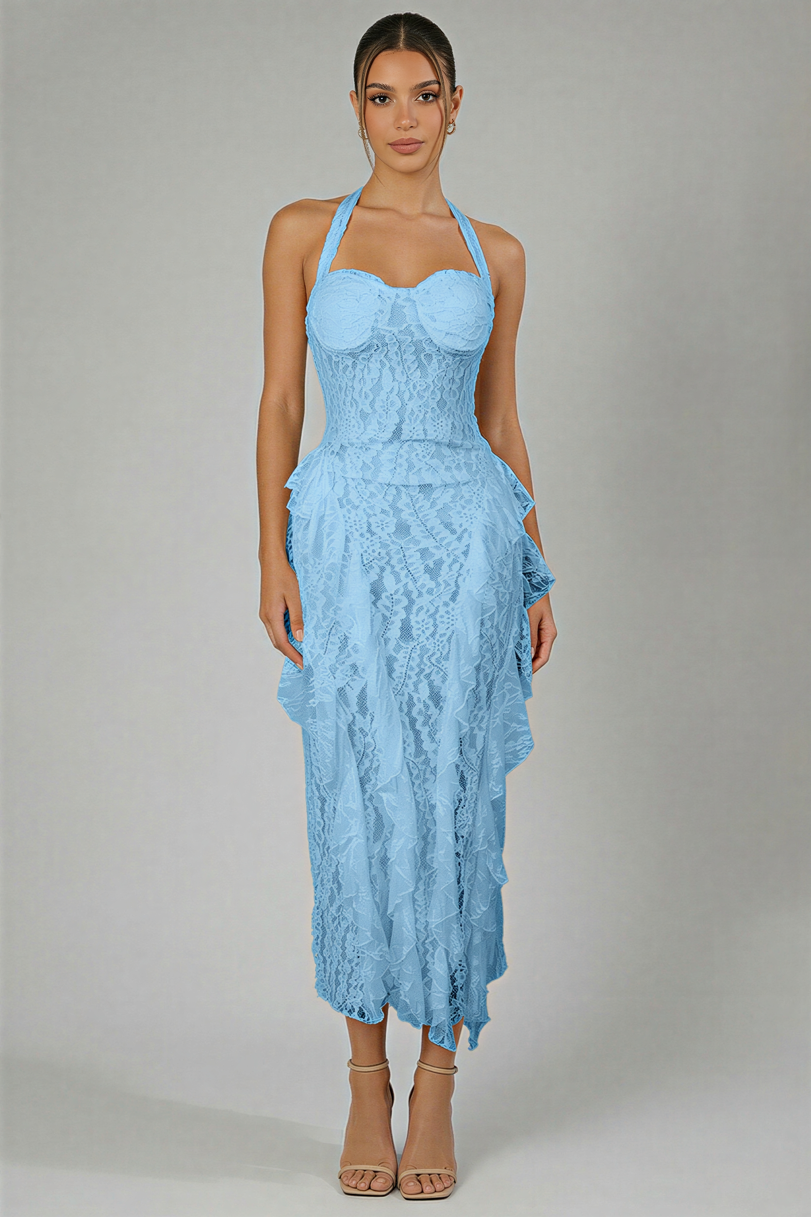 Pu Leather Splicing Lace Ruffle Tie-Up Midi Dress