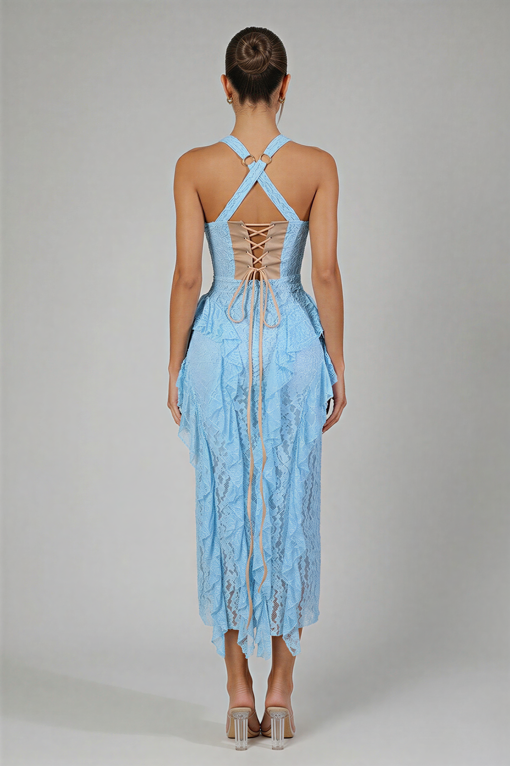 Pu Leather Splicing Lace Ruffle Tie-Up Midi Dress