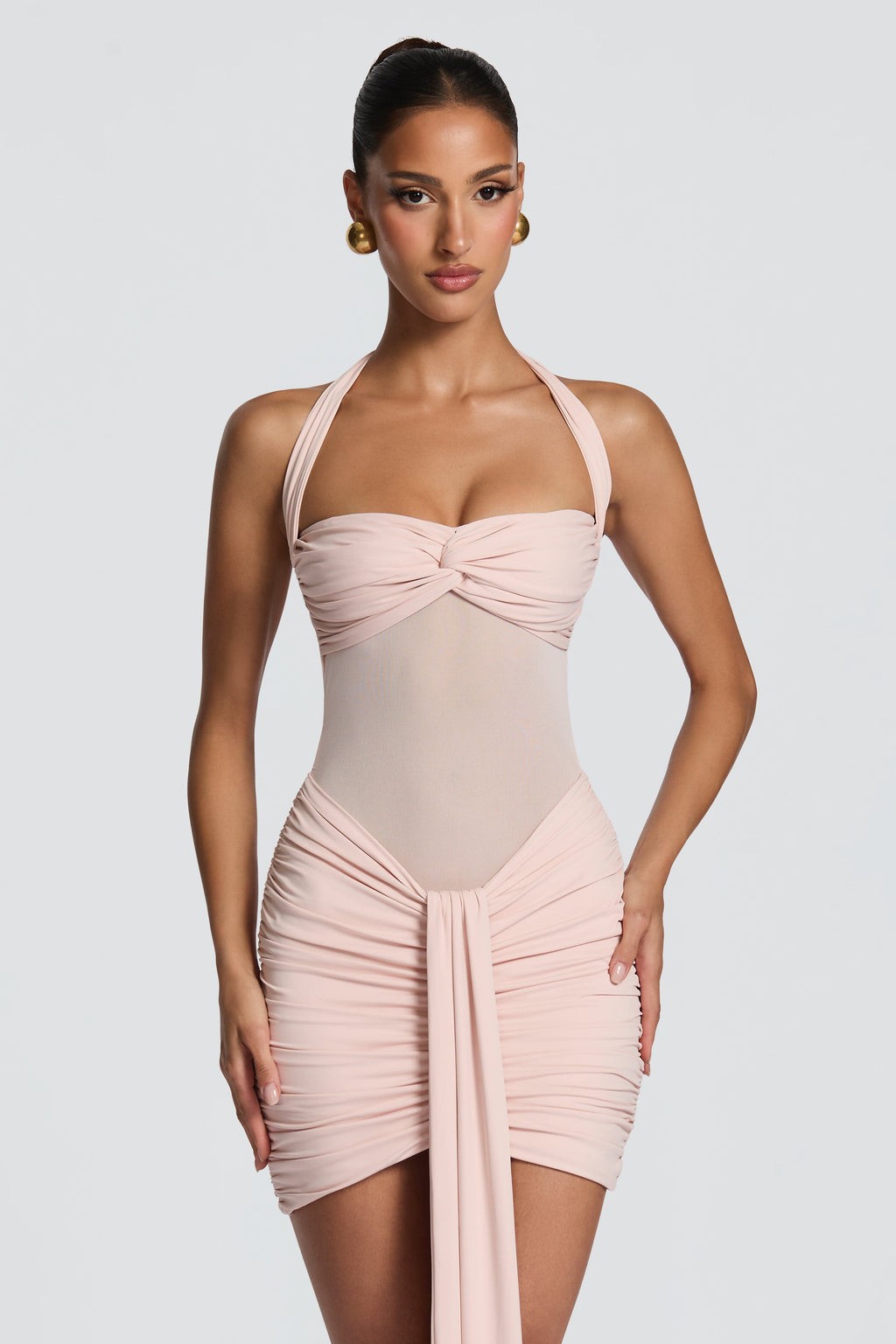 Solid Halter Neck Knotted Mini Dress