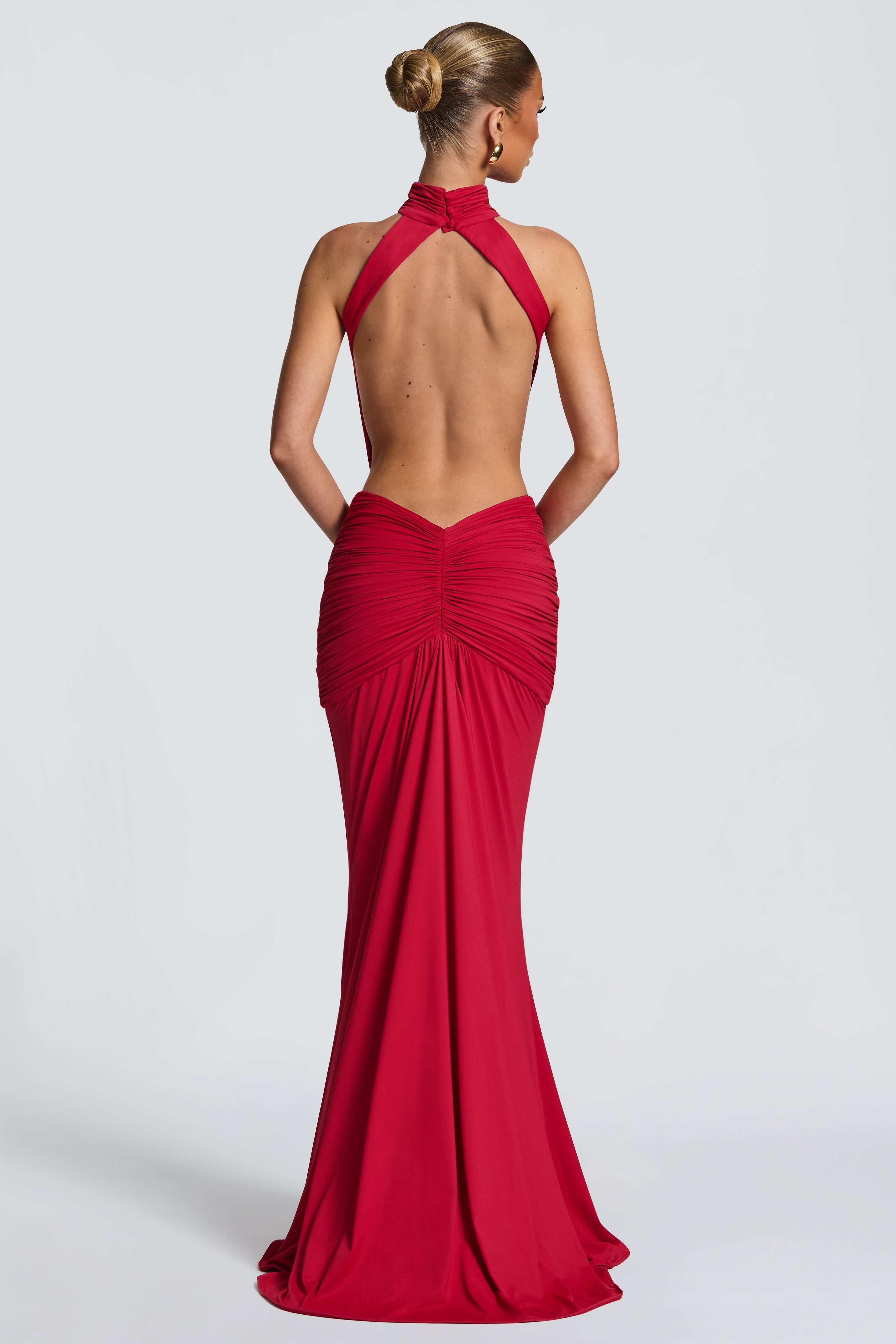 Solid Gathering Backless Maxi Dress