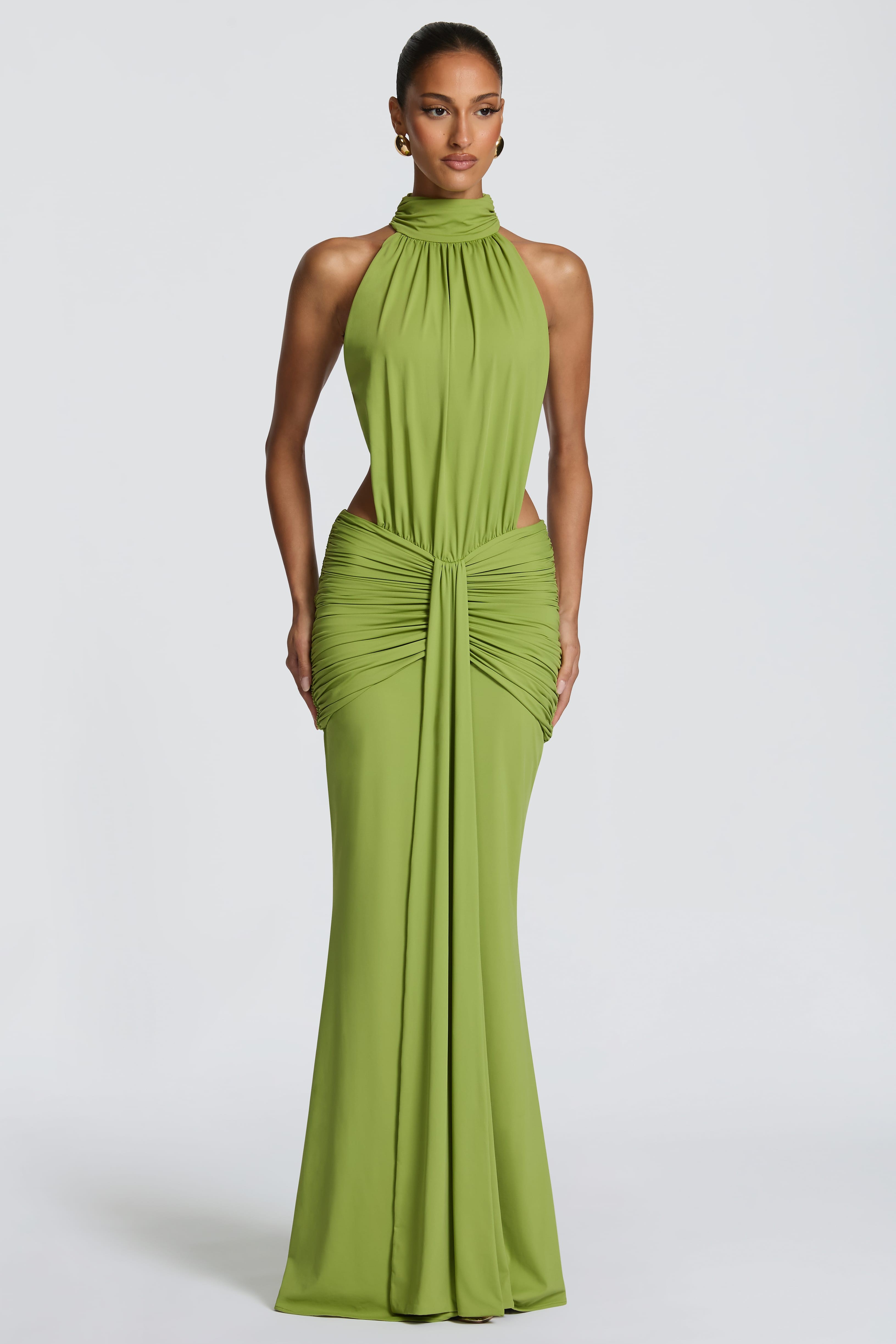 solid halter neck ruched maxi dress Solid Halter Neck Ruched Maxi Dress  JardinVue