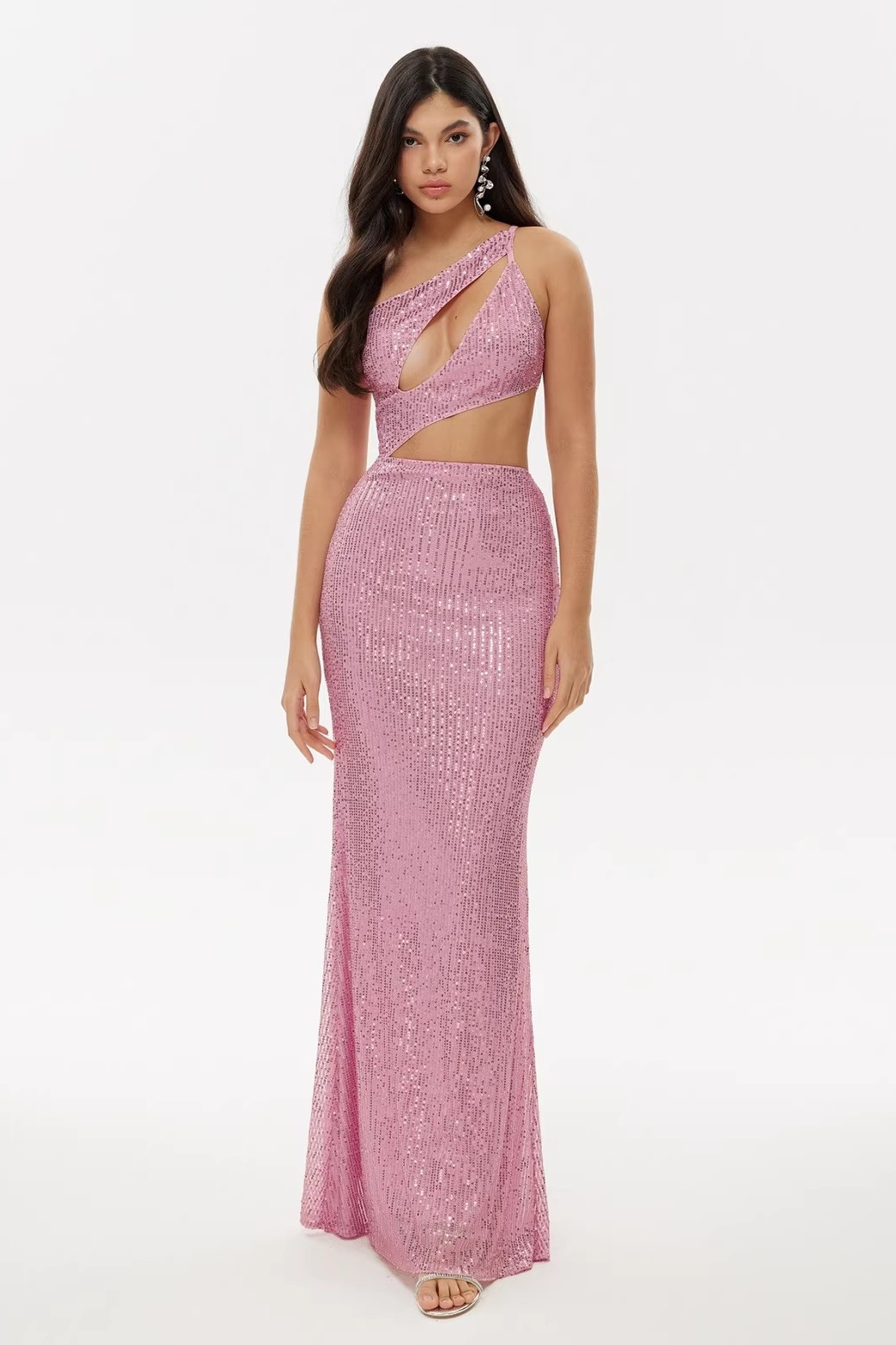Sequin Cut-Out One Shoulder Maxi Dress