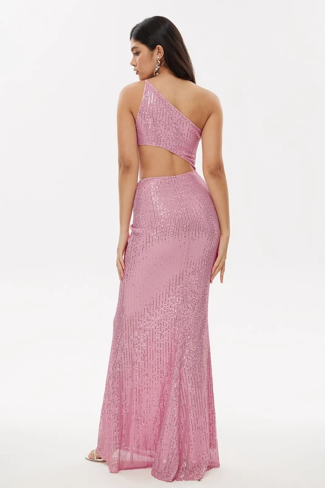 Sequin Cut-Out One Shoulder Maxi Dress