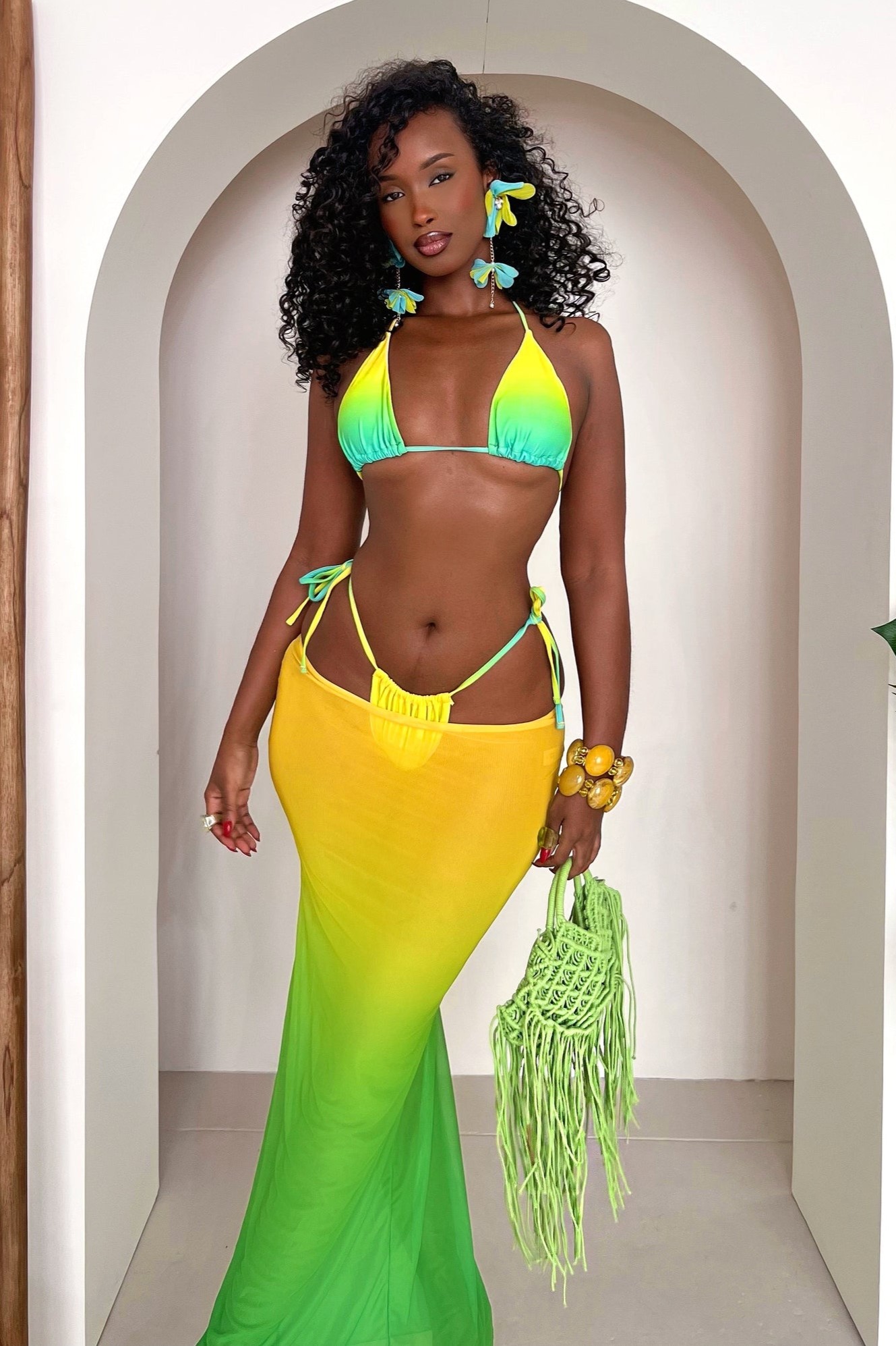 Gradient Color Tie-Up Halter Neck Bikini Three Piece Set