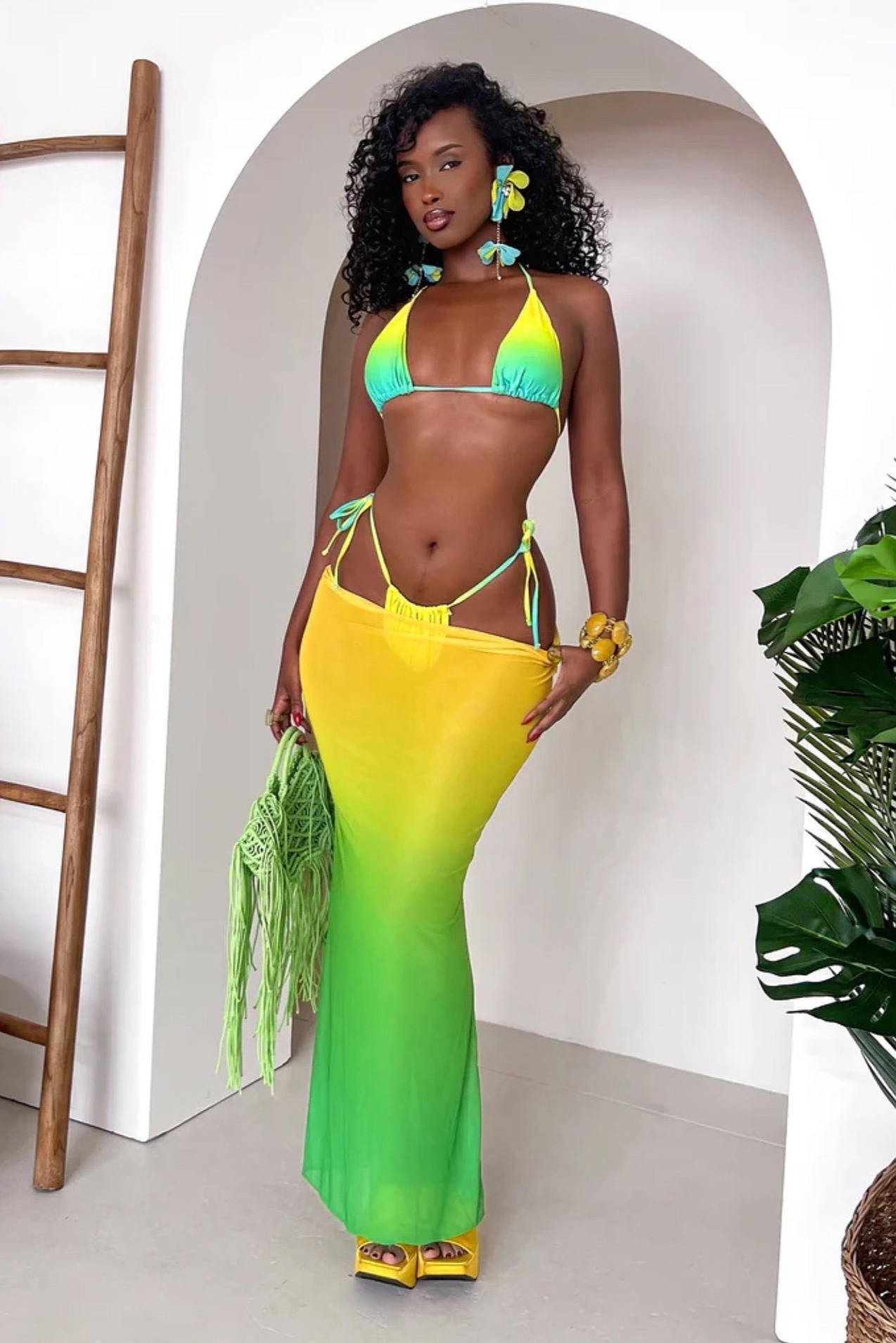Gradient Color Tie-Up Halter Neck Bikini Three Piece Set