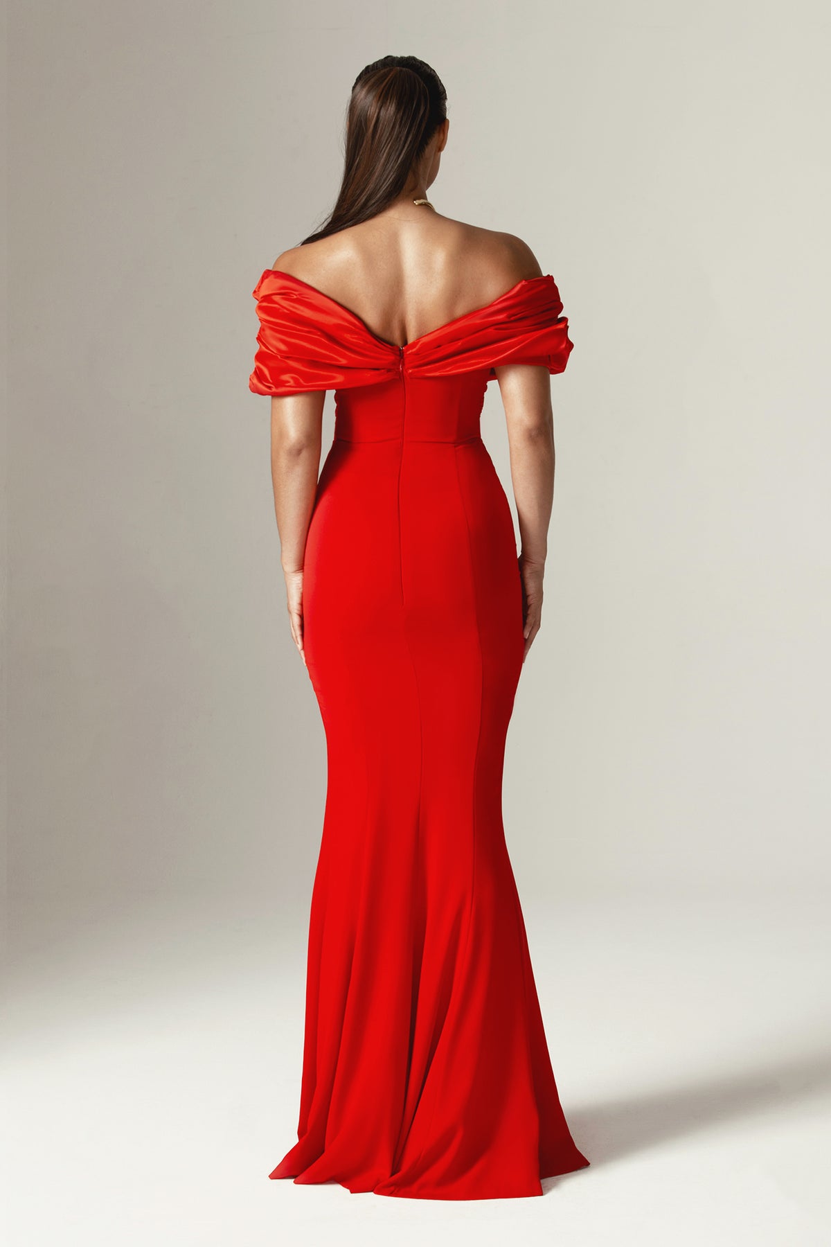 Satin Splicing Jersey Off Shoulder Slit Maxi Dress