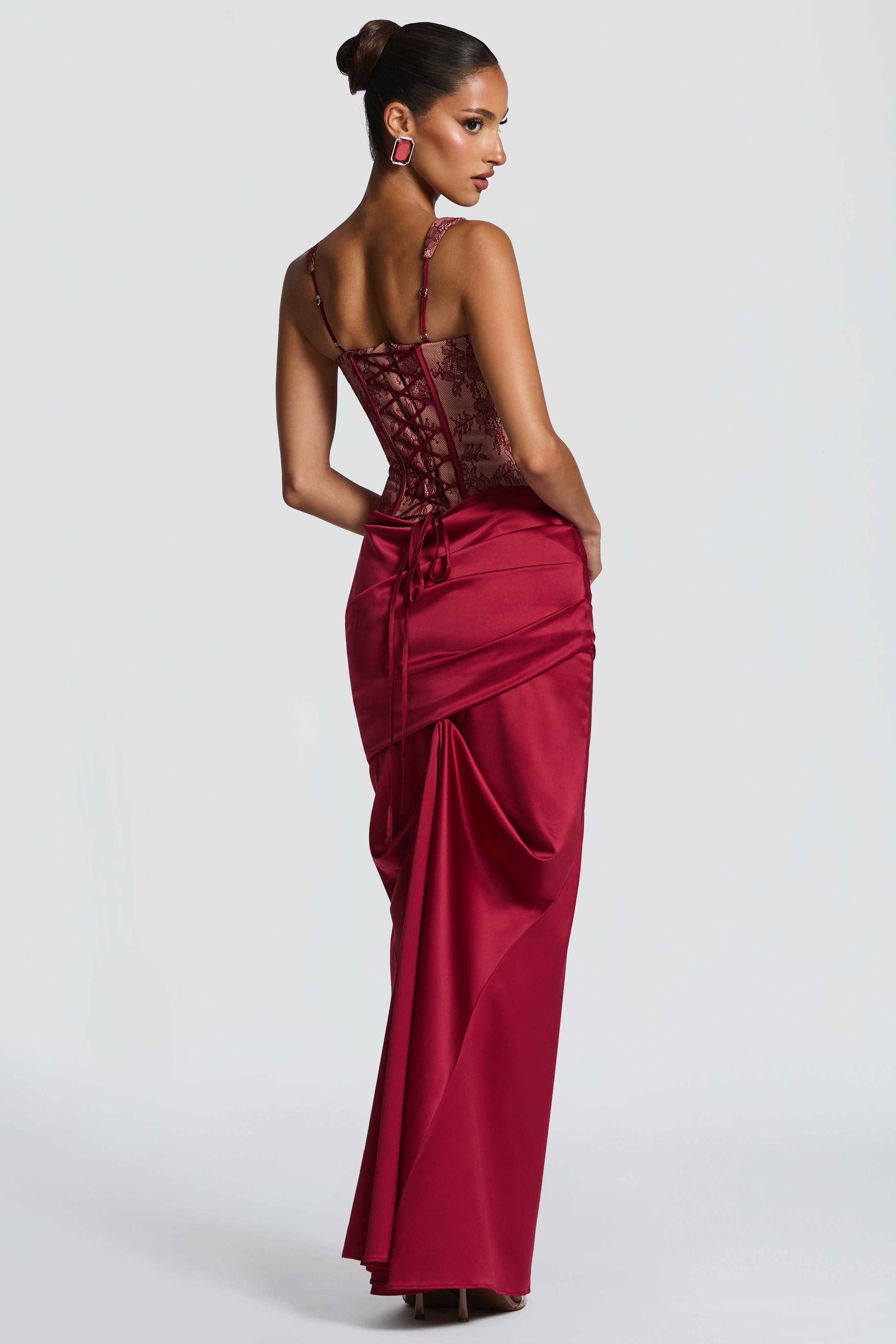 Lace Tie-Up Corset Top & Satin Maxi Skirt Set
