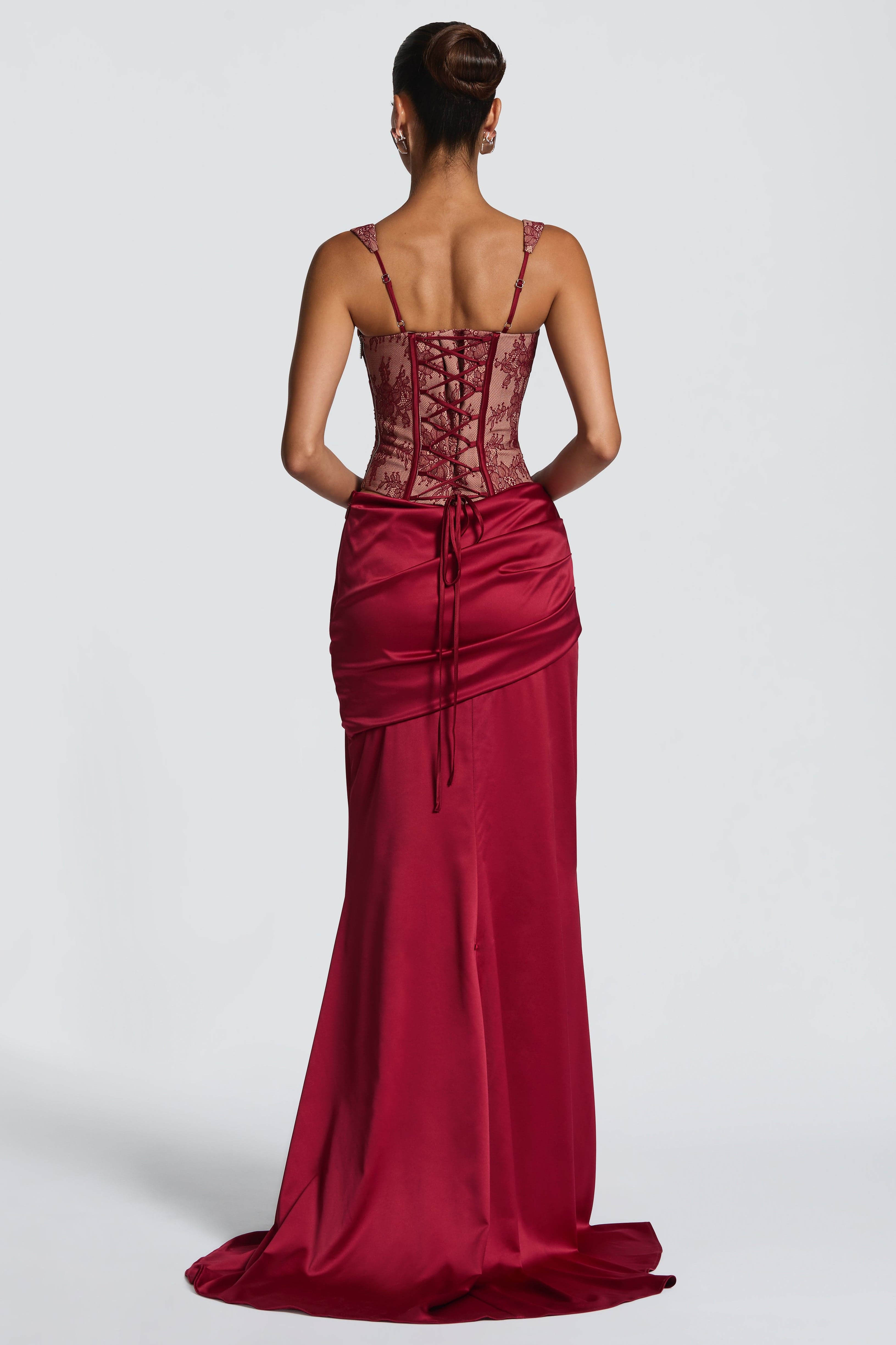 Lace Tie-Up Corset Top & Satin Maxi Skirt Set