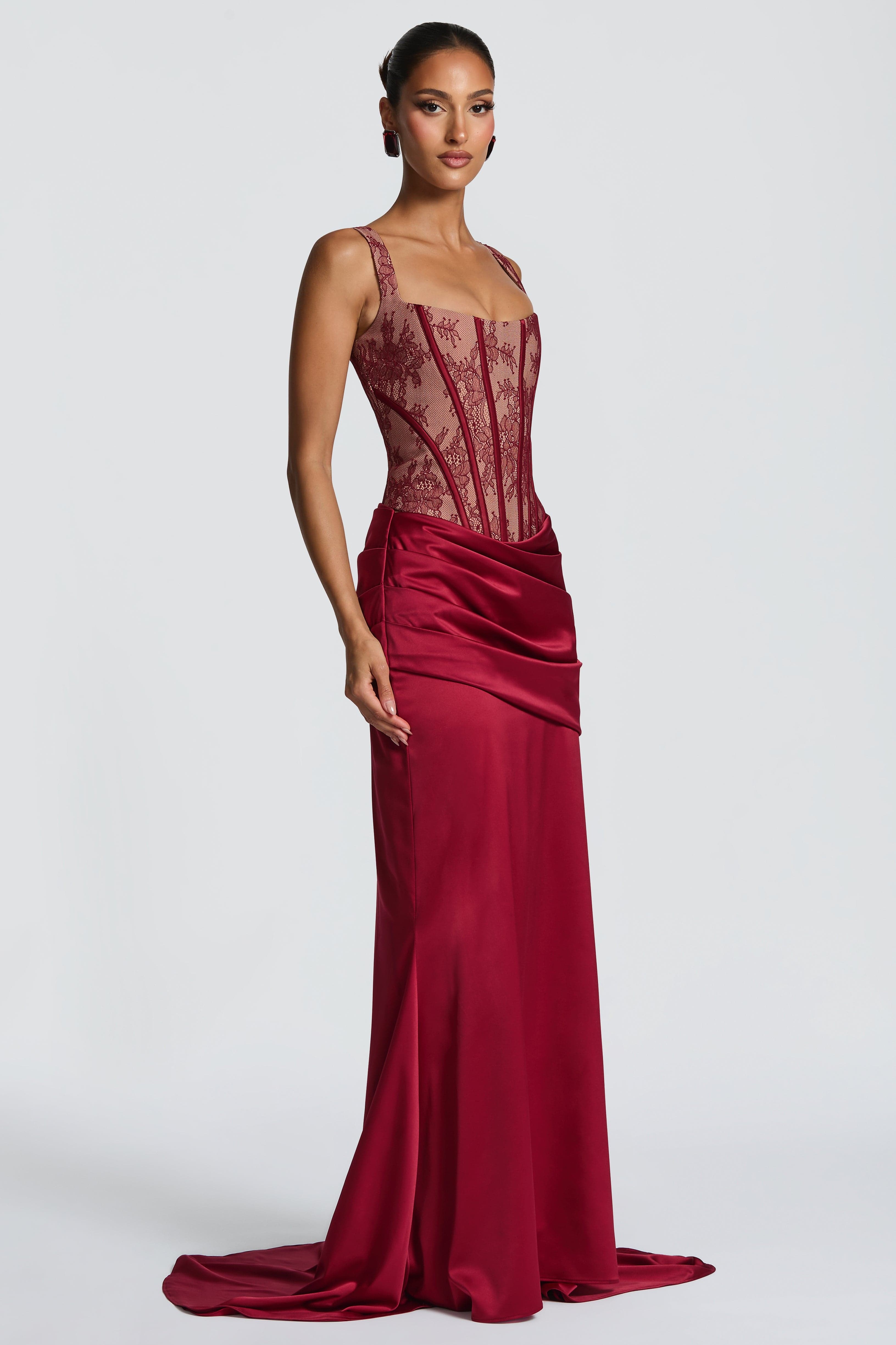Lace Tie-Up Corset Top & Satin Maxi Skirt Set