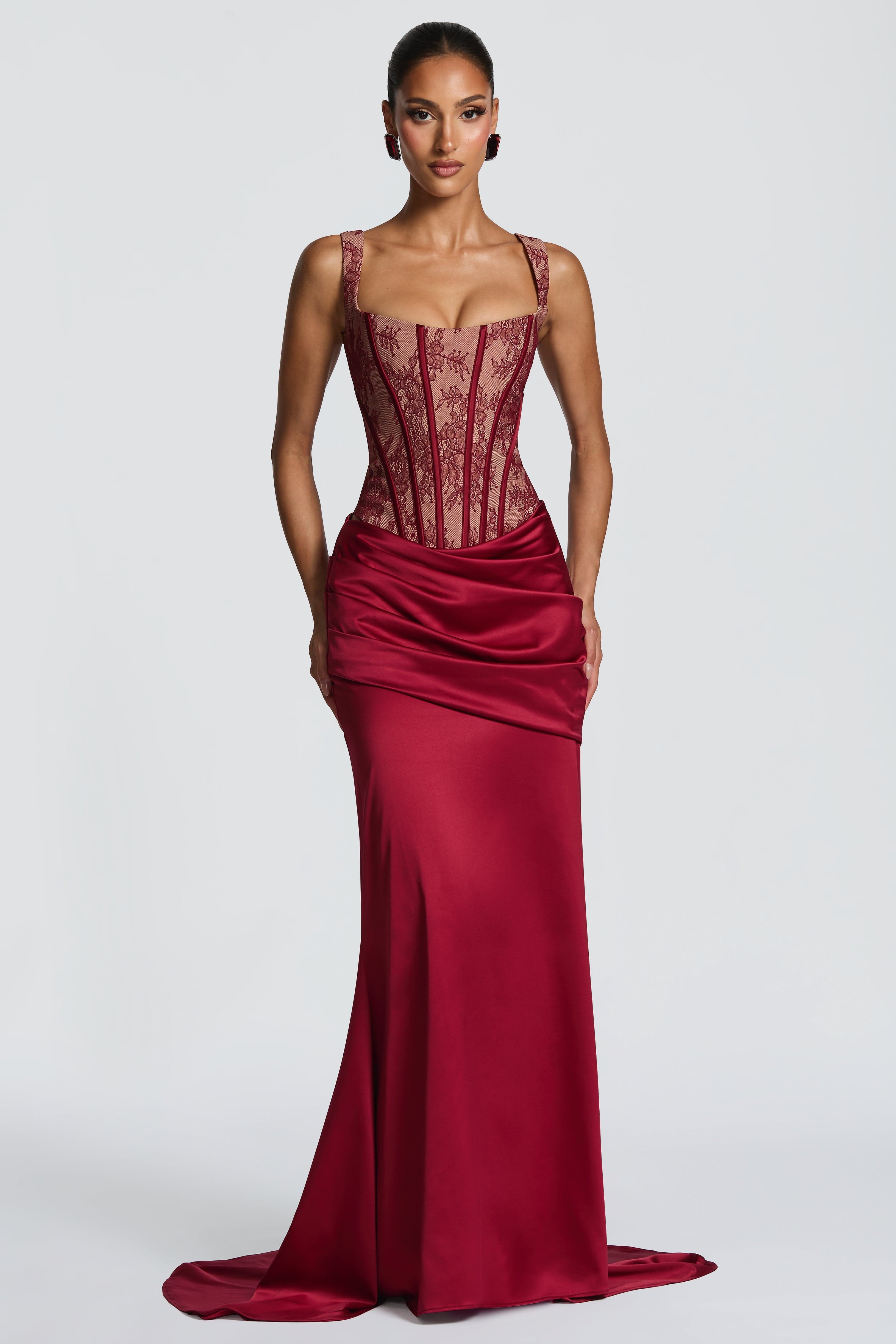 Lace Tie-Up Corset Top & Satin Maxi Skirt Set