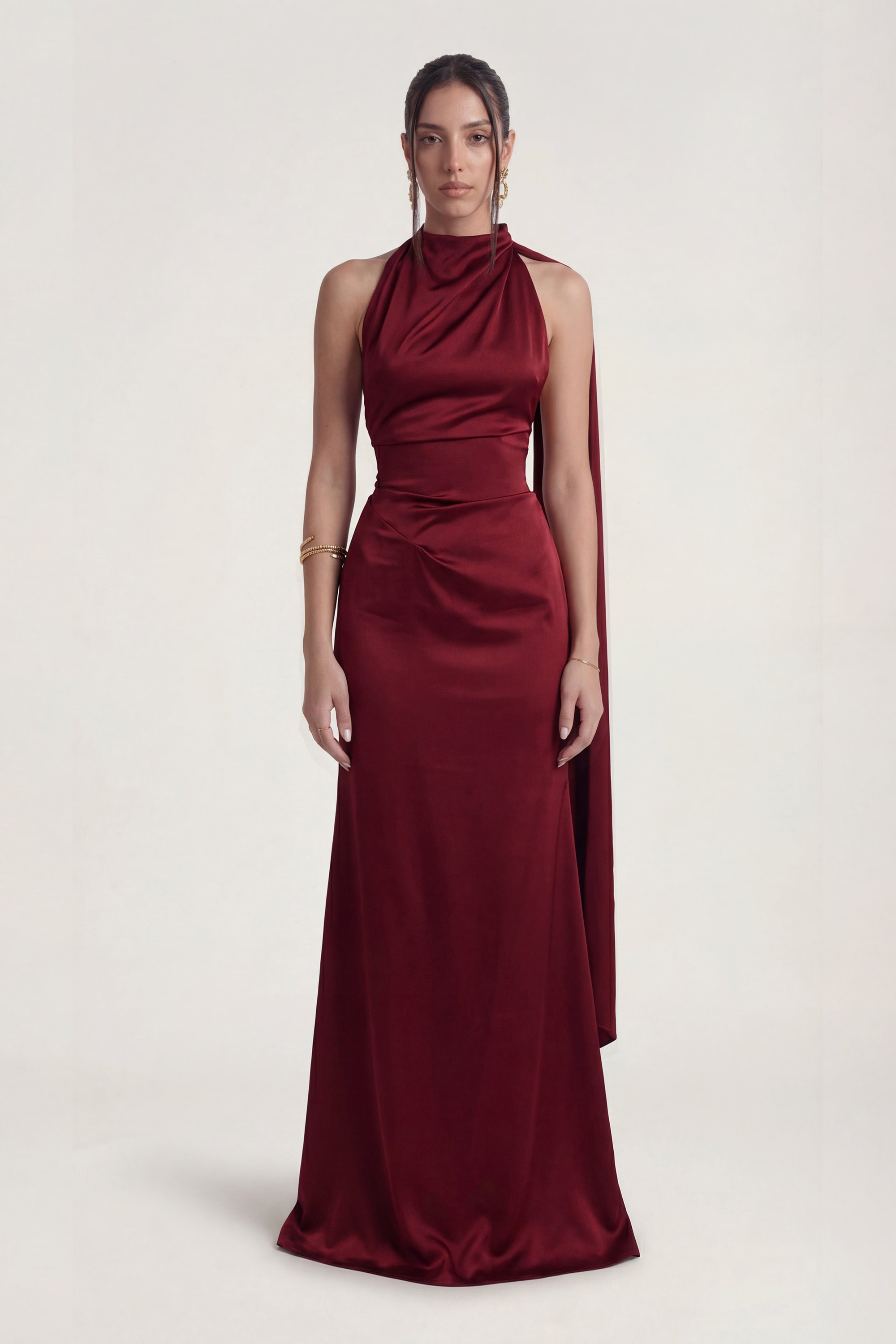 Satin Halter Neck Tie-Up Maxi Dress