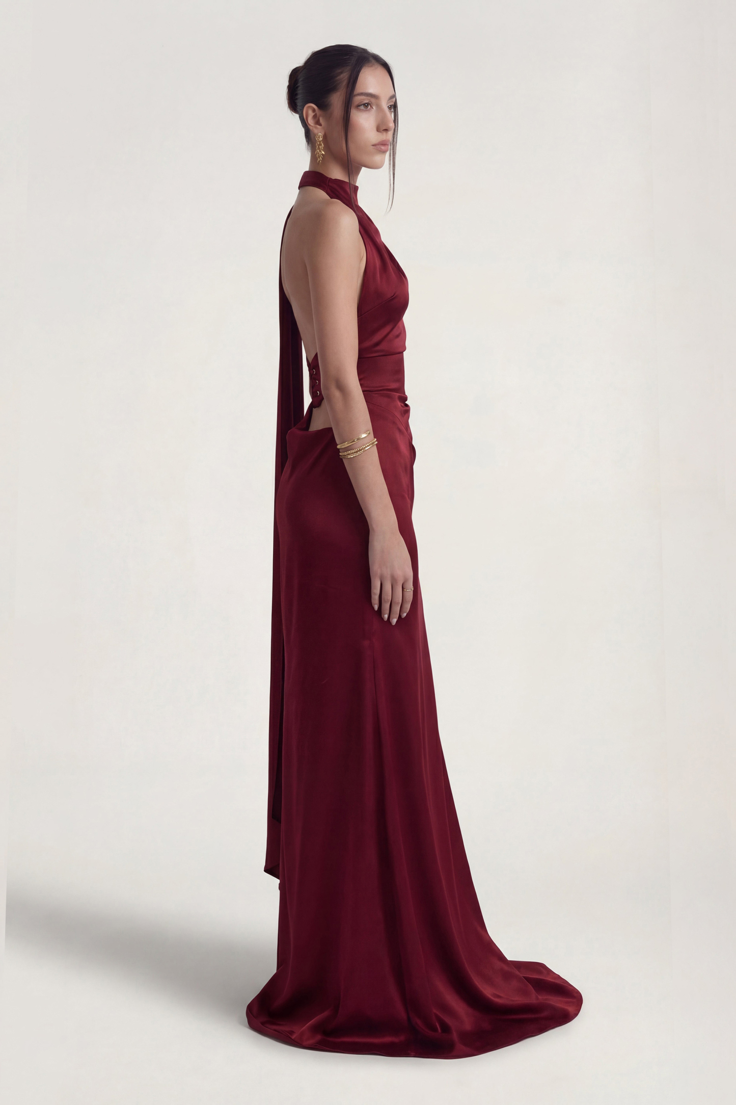 Satin Halter Neck Tie-Up Maxi Dress