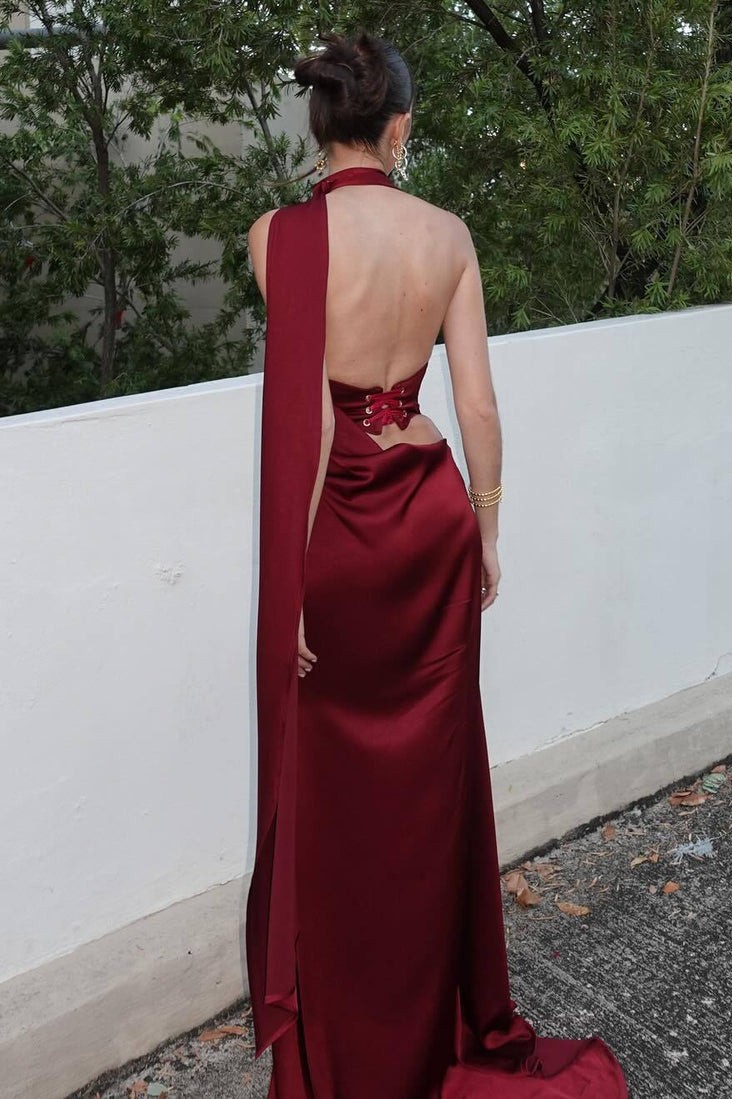 Satin Halter Neck Tie-Up Maxi Dress