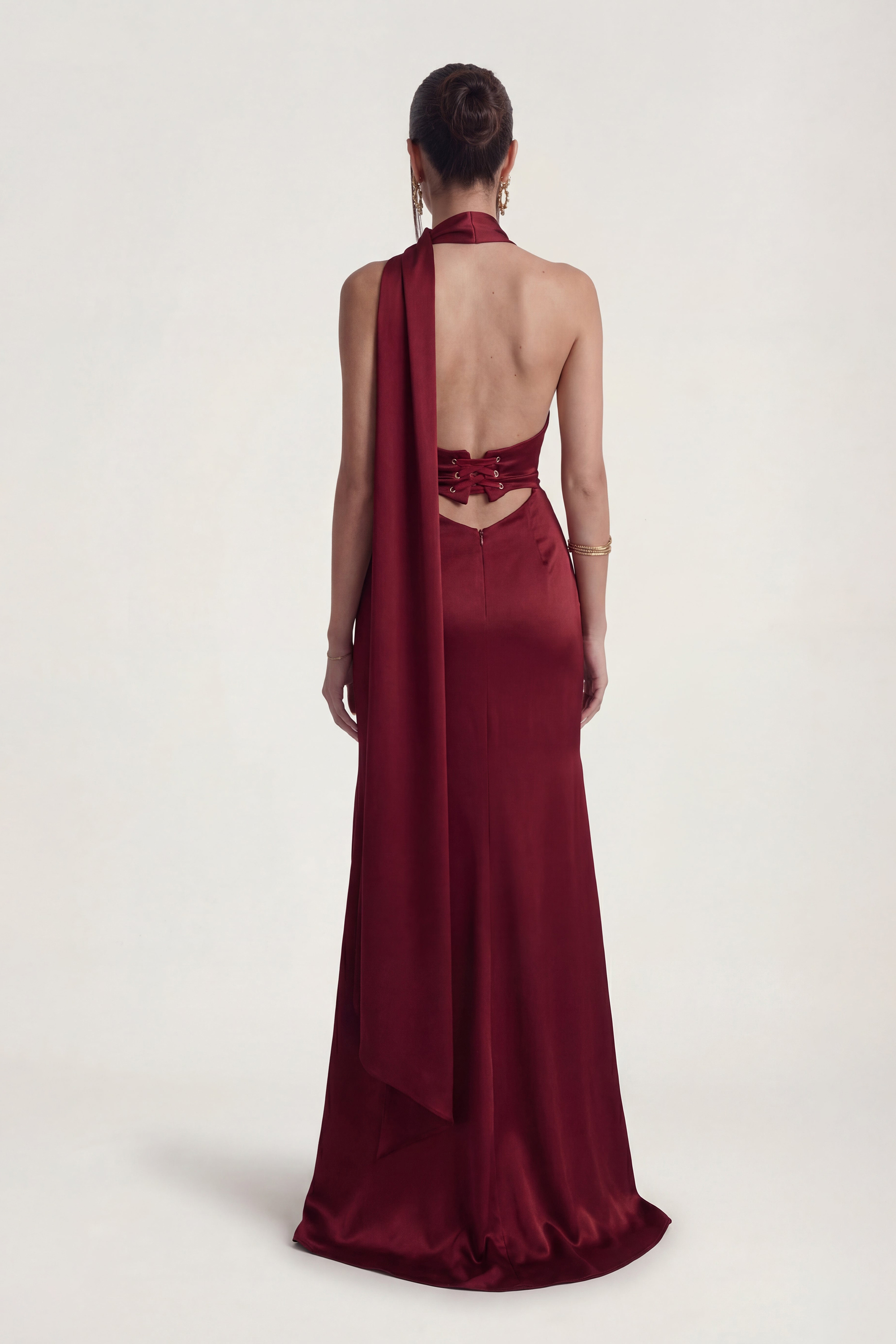 Satin Halter Neck Tie-Up Maxi Dress