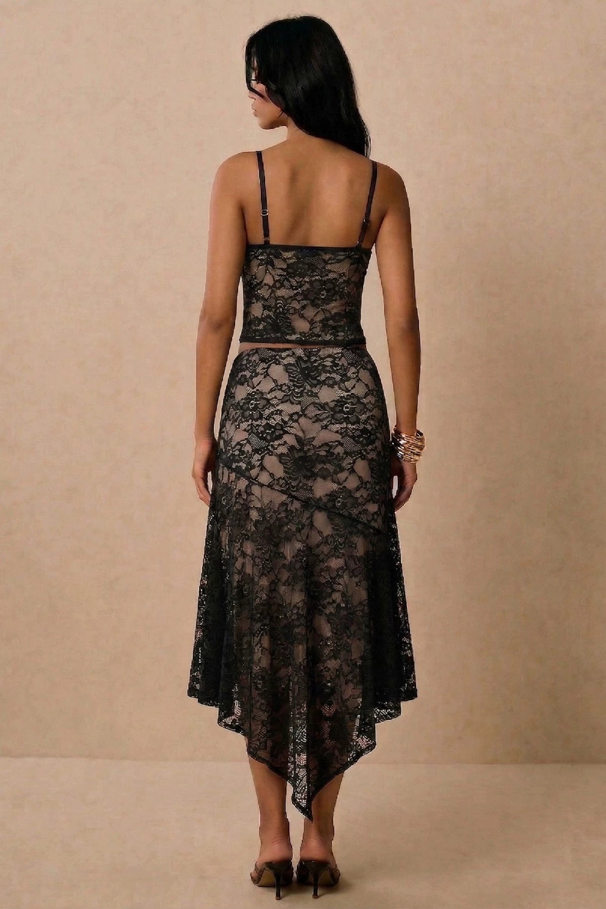 Lace Slip Slit Top & Low Waist Ruffle Midi Skirt Set
