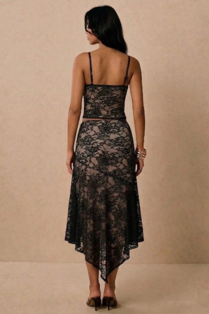 Lace Slip Slit Top & Low Waist Ruffle Midi Skirt Set – Violet Aurora