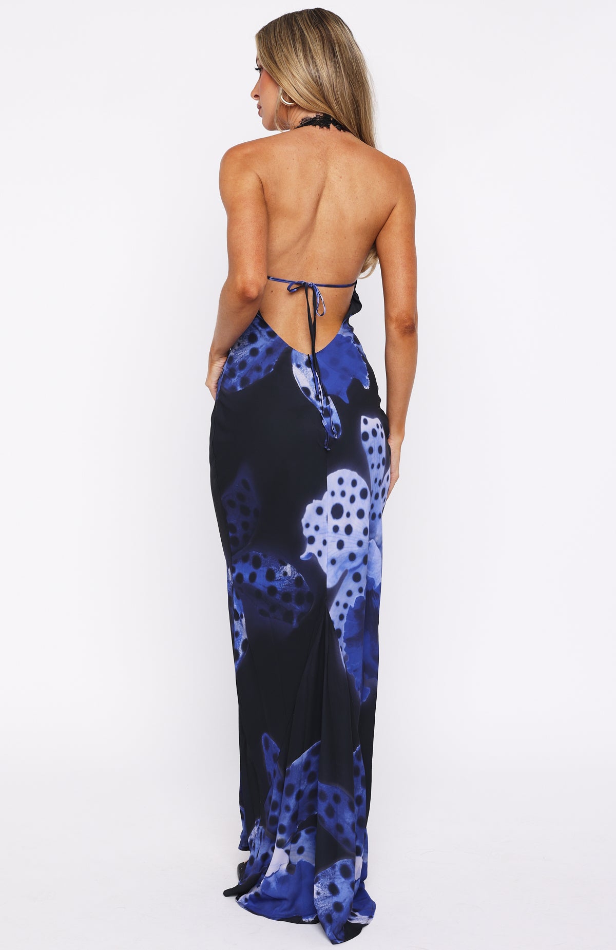 Abstract Print Lace Halter Neck Maxi Dress