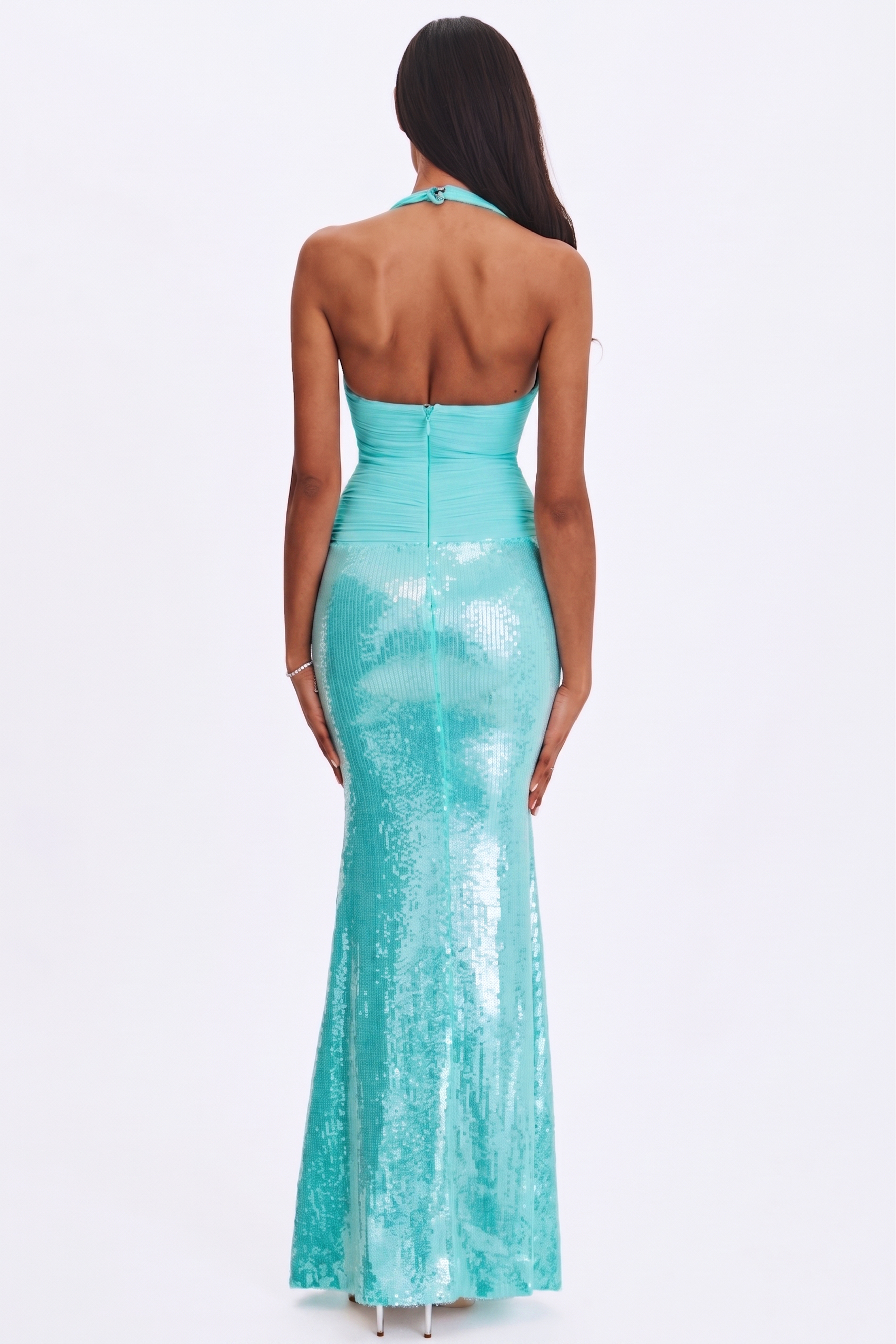 Mesh Splicing Sequin Halter Neck Maxi Dress