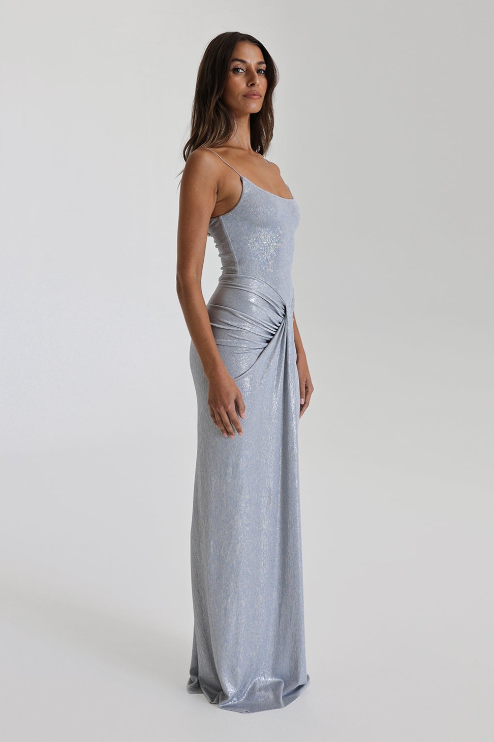 Metallic Fabric Ruched Slip Maxi Dress