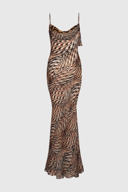 Mesh Abstract Print Slip Maxi Dress