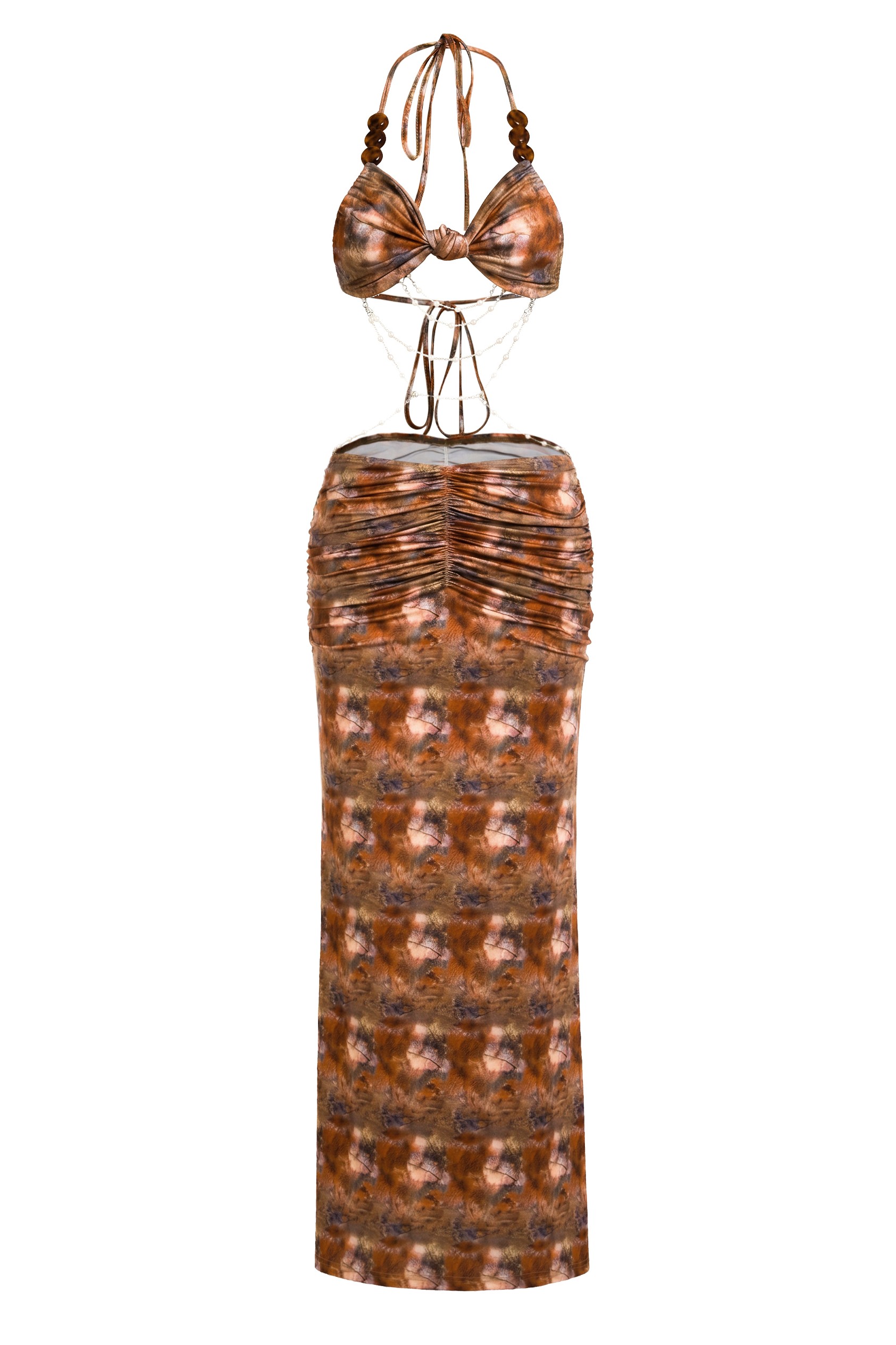 Abstract Print Beaded Tie-Up Maxi Dress