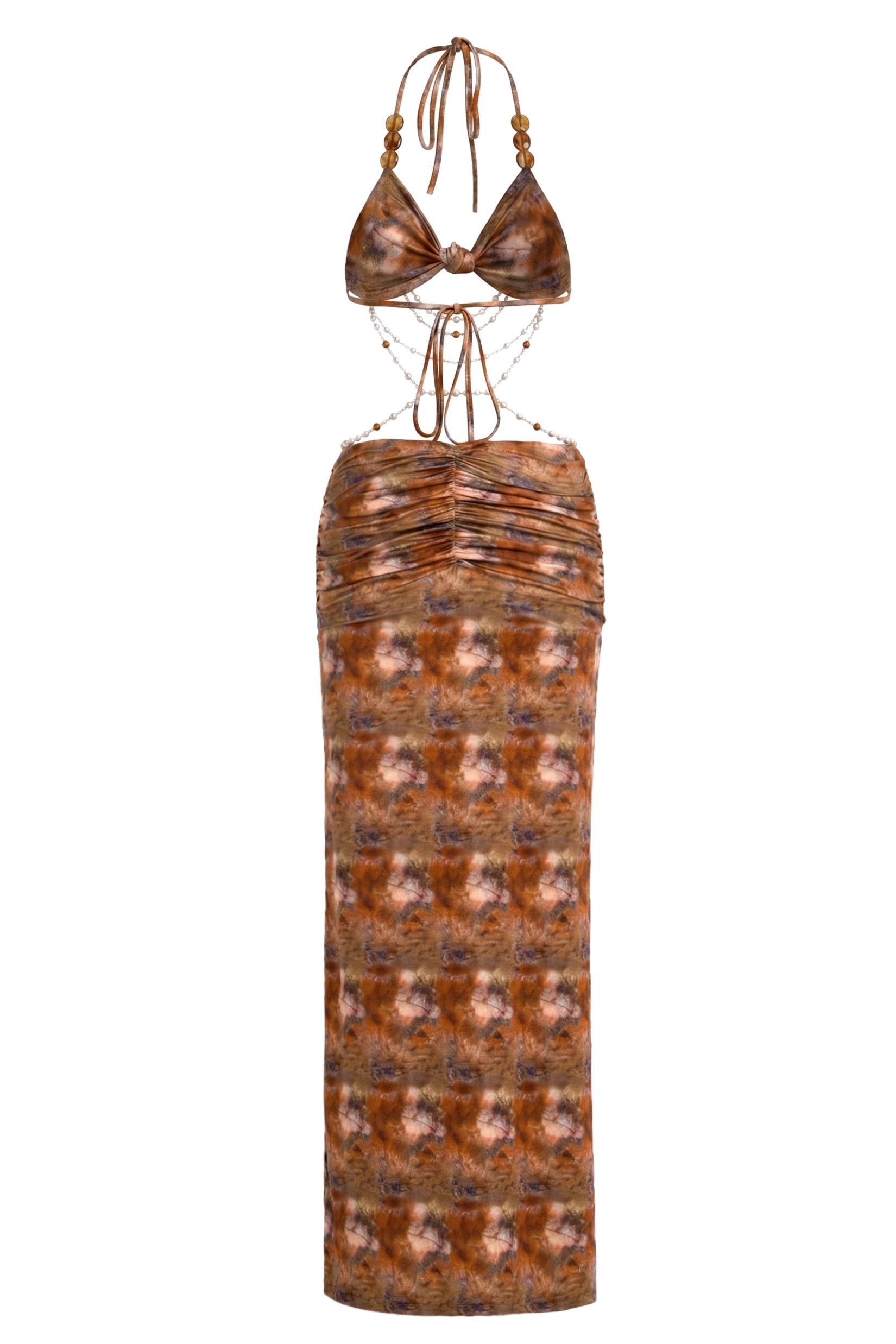 Abstract Print Beaded Tie-Up Maxi Dress