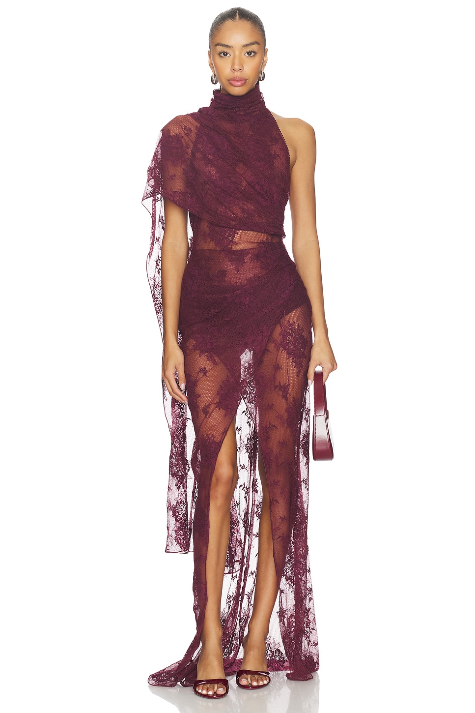 Lace See-Through Asymmetrical Sleeve Maxi Dress