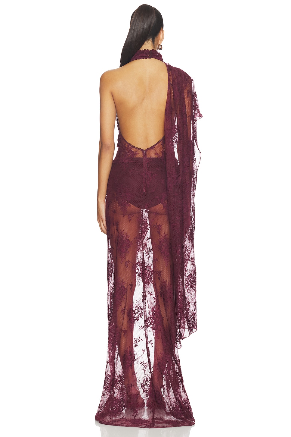 Lace See-Through Asymmetrical Sleeve Maxi Dress