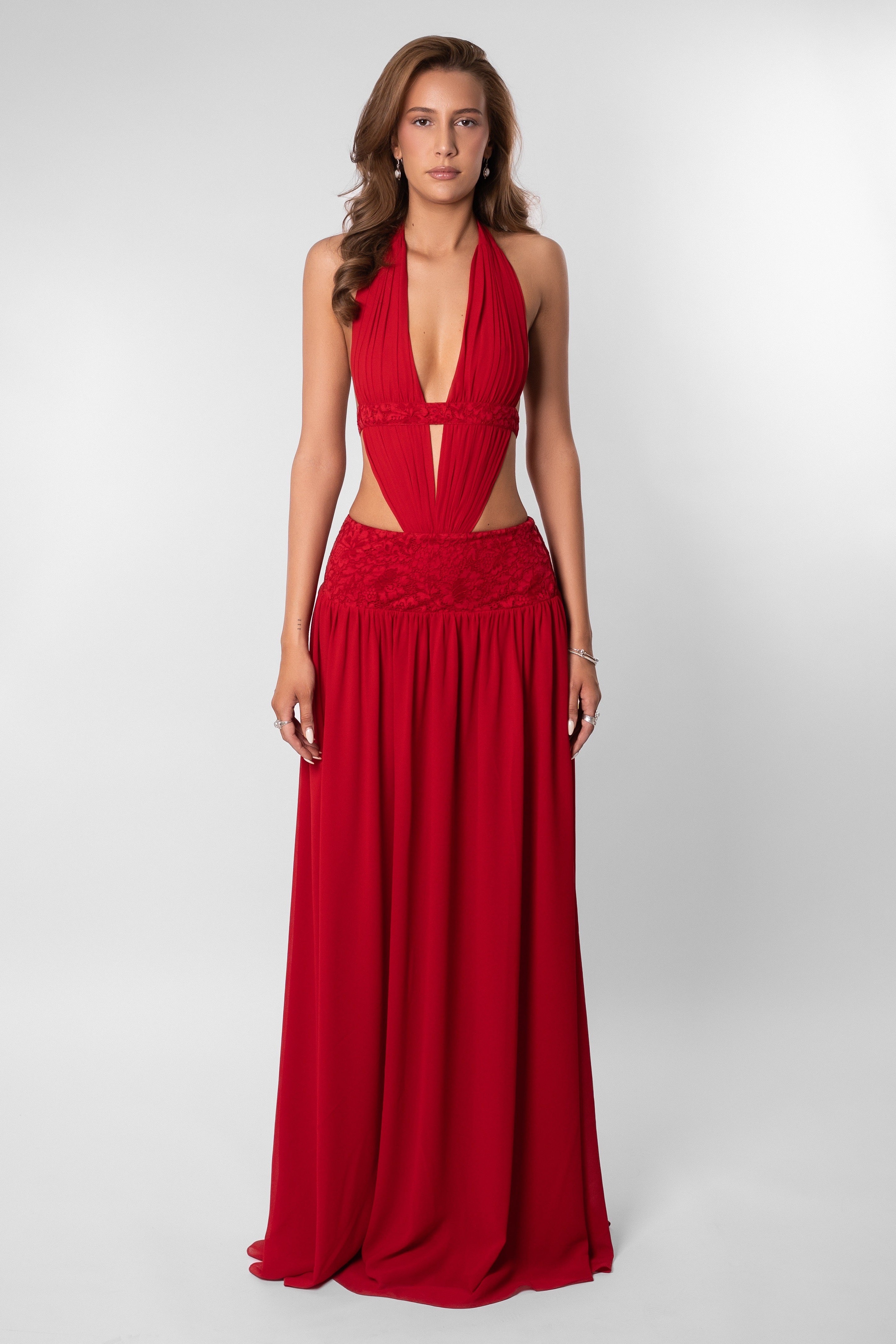 Jersey Splicing Lace Cut-Out Maxi Dress