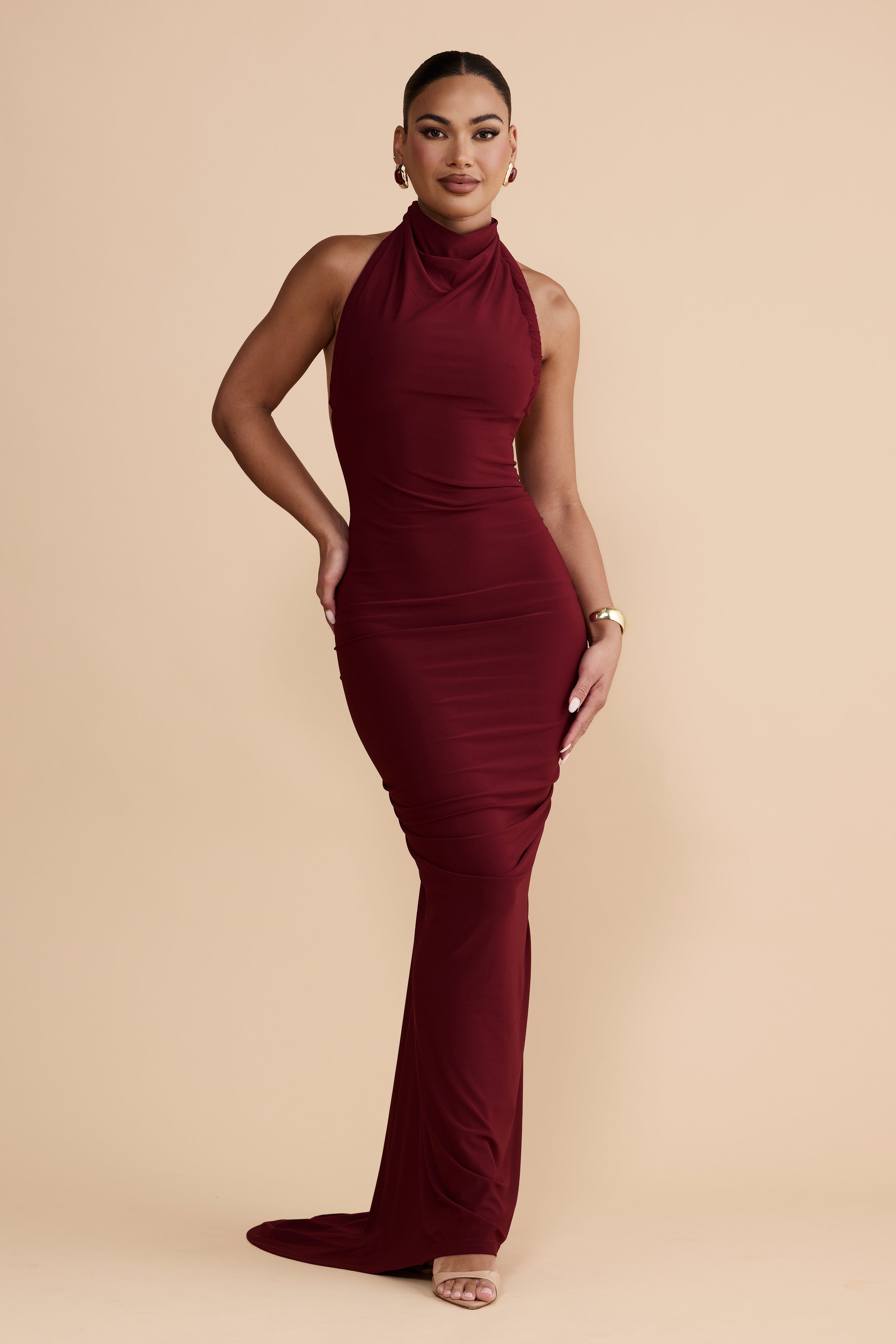 Solid Halter Neck Backless Maxi Dress