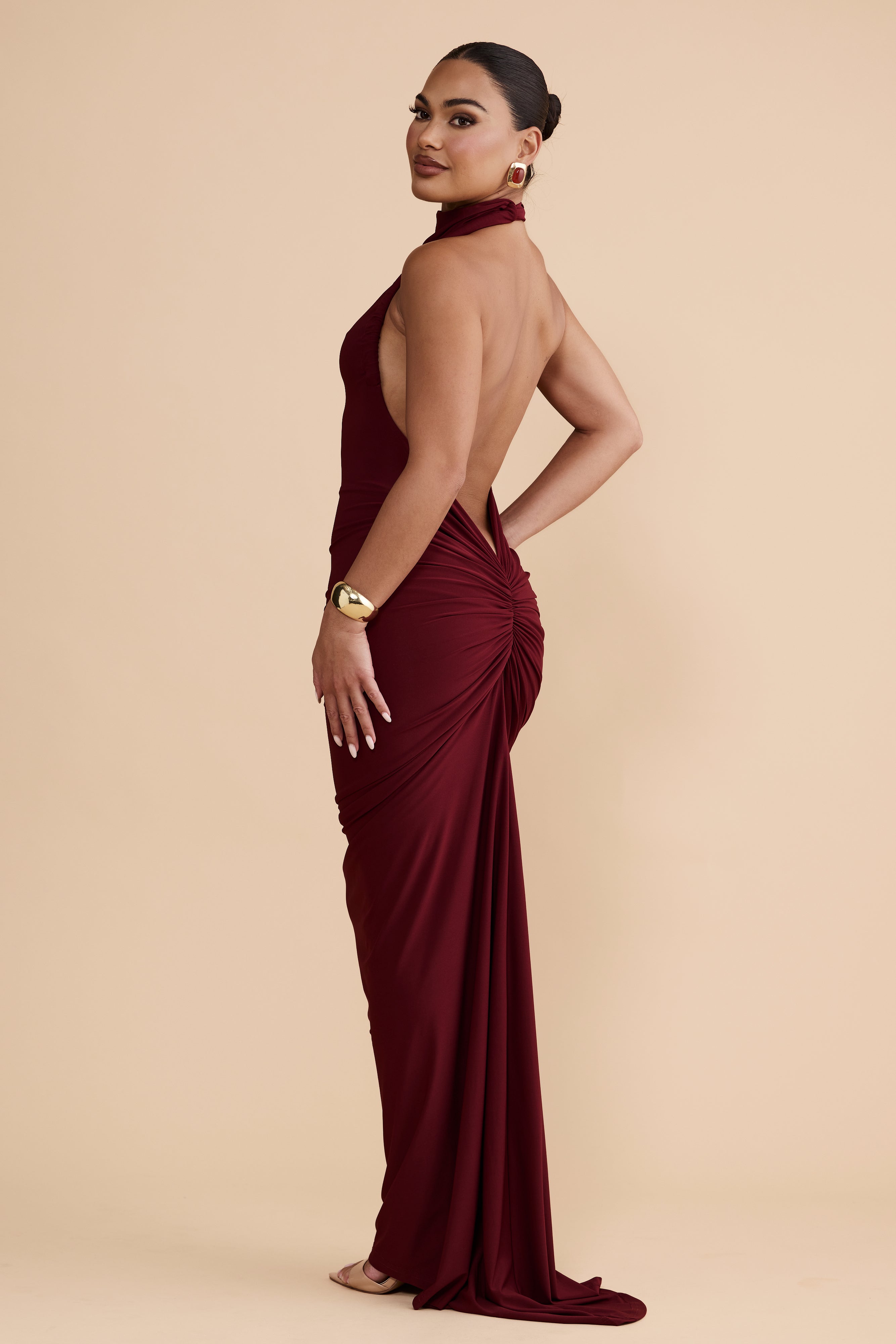 Solid Halter Neck Backless Maxi Dress
