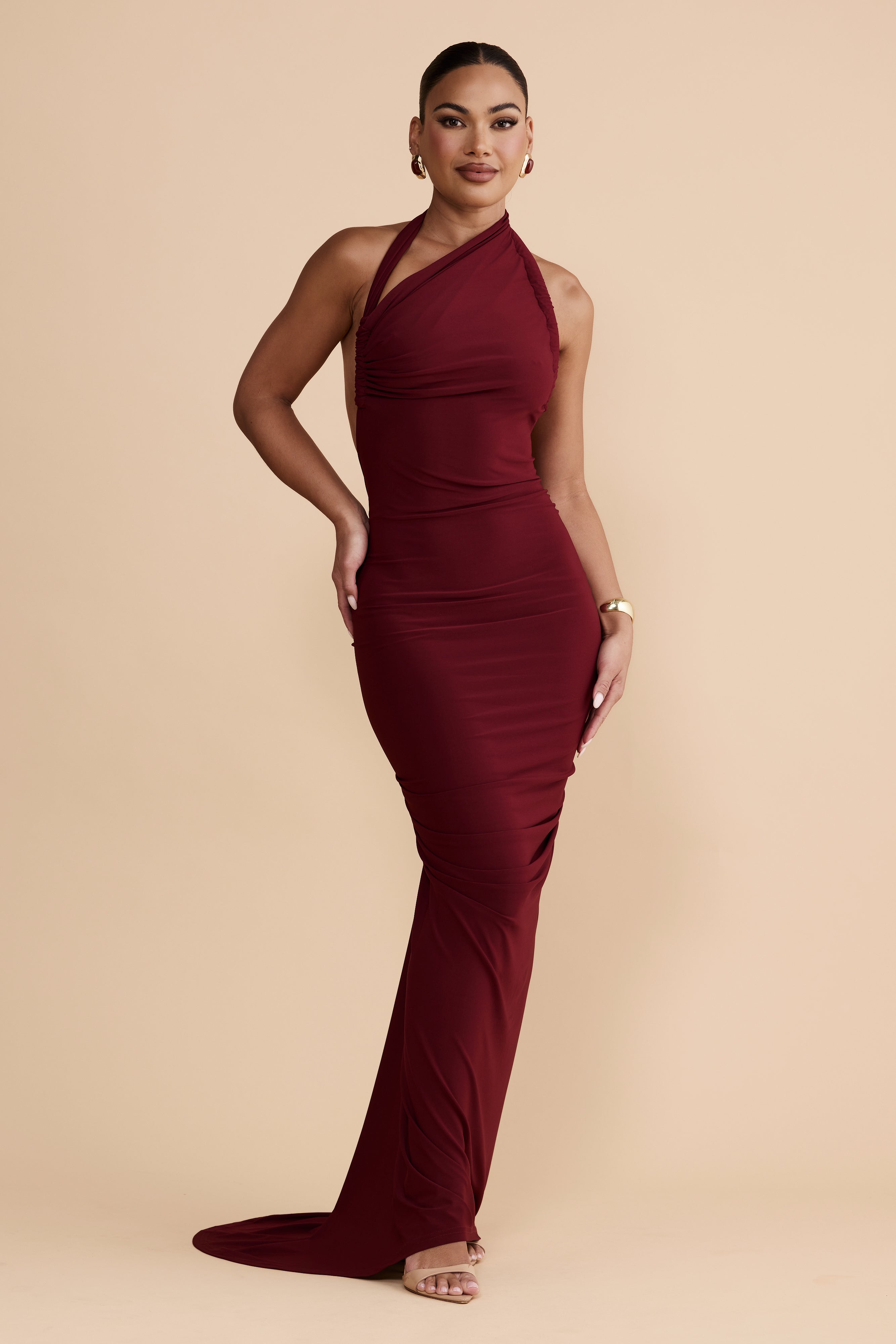Solid Halter Neck Backless Maxi Dress