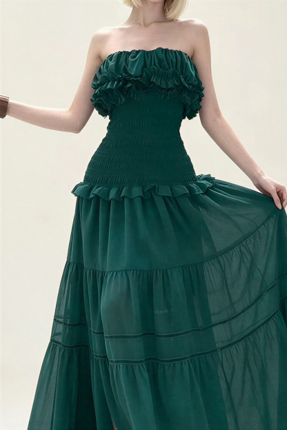 Vestido largo de gasa con volantes y fruncido
