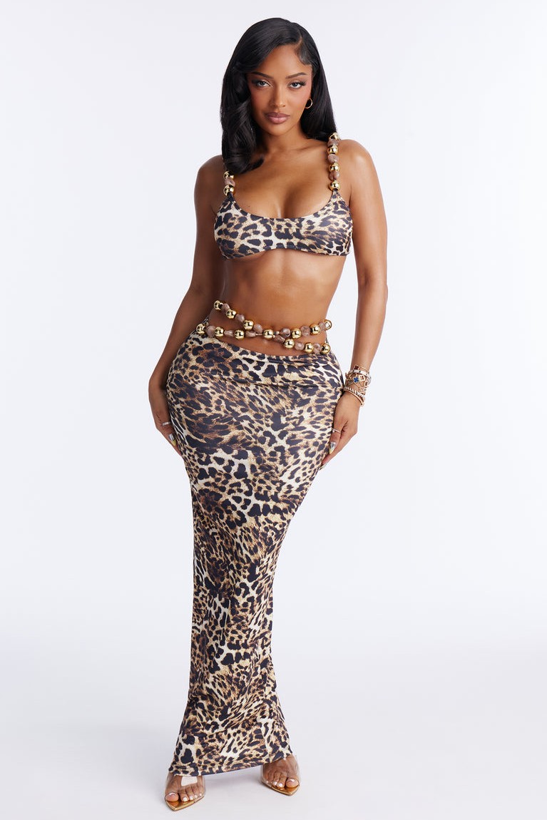 Leopard Print Beaded Bikini Three Piece Set