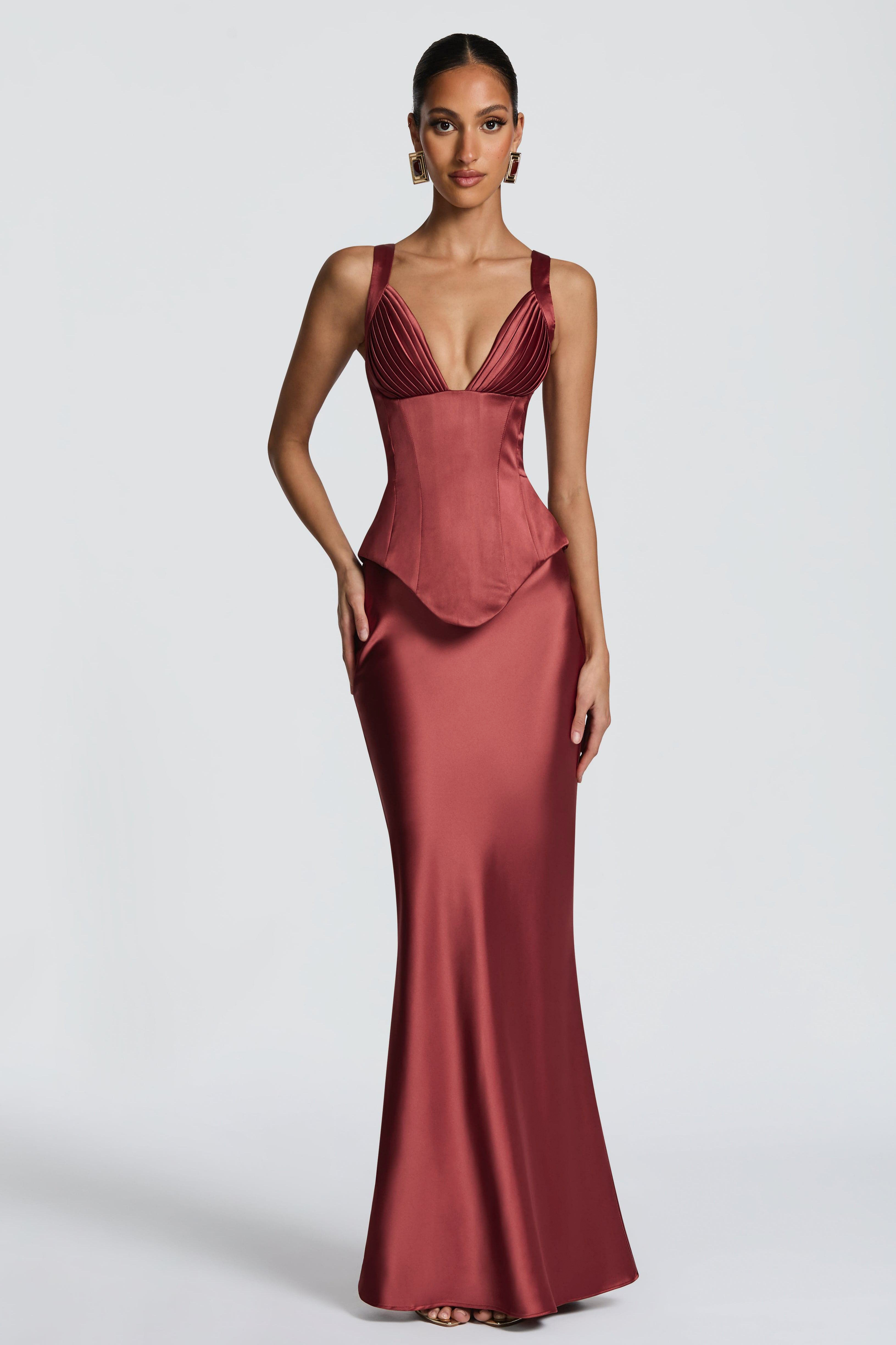 Satin Pleated V-Neck Top & Mid Waist Maxi Skirt Set