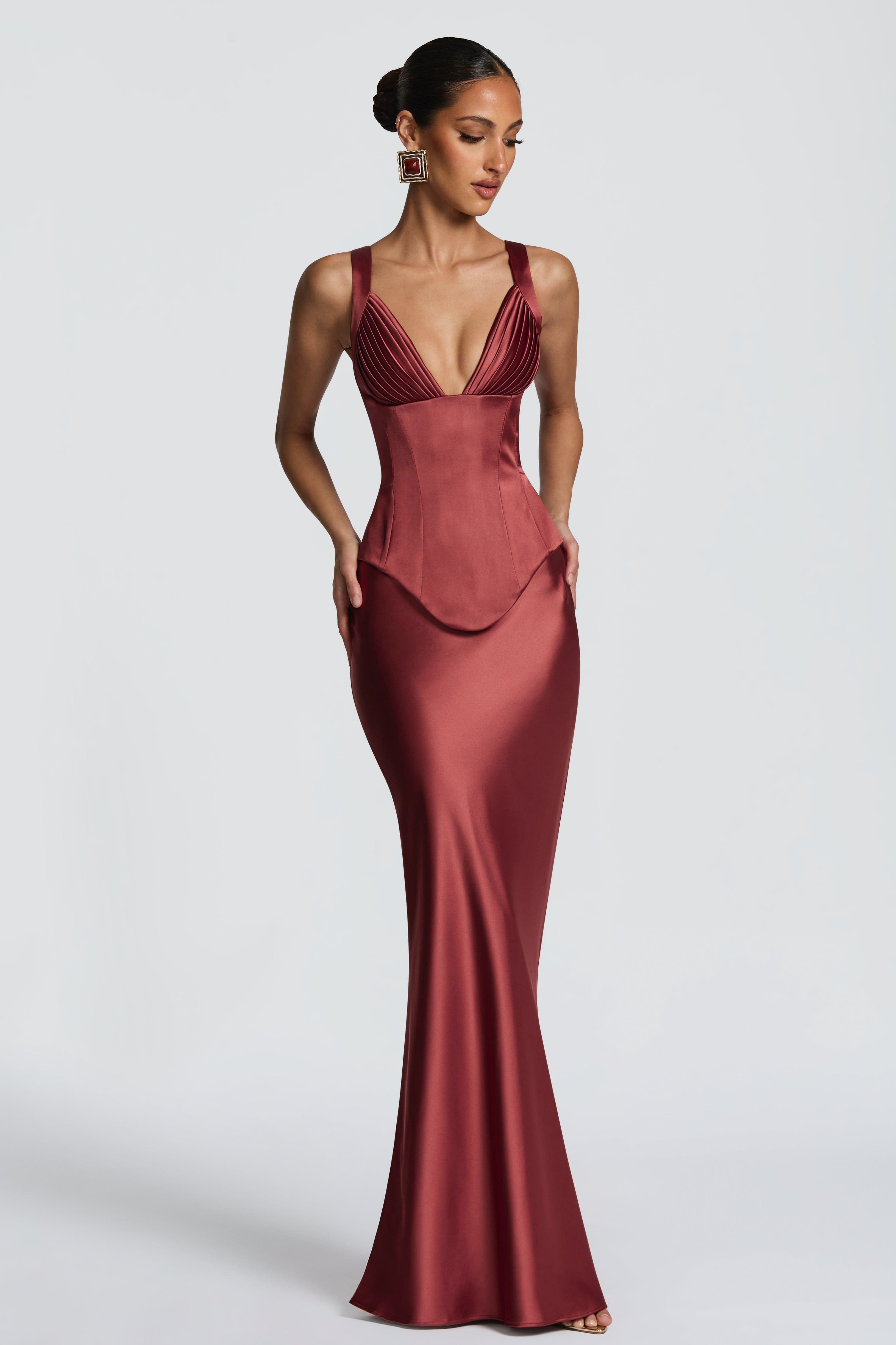 Satin Pleated V-Neck Top & Mid Waist Maxi Skirt Set