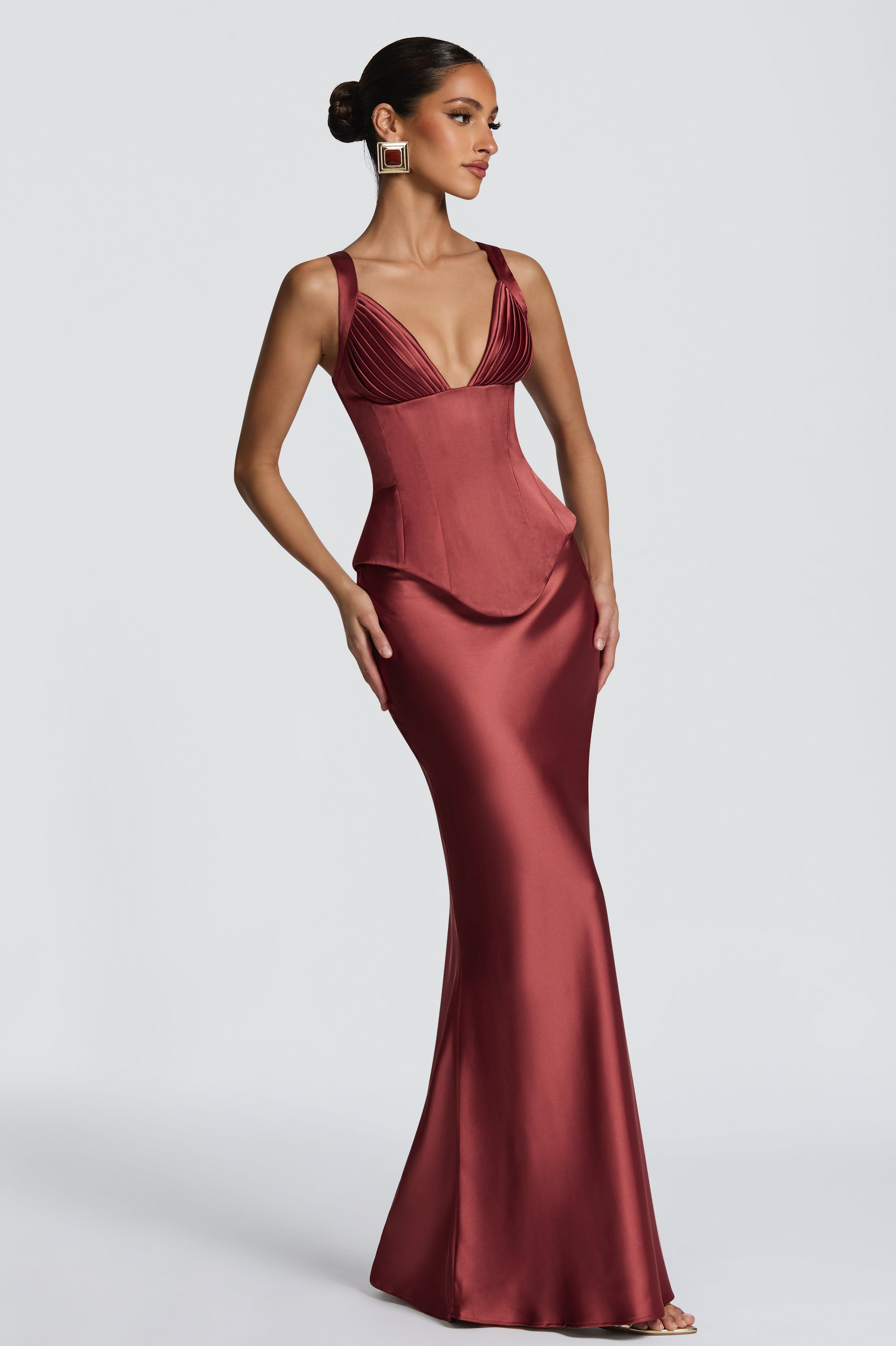 Satin Pleated V-Neck Top & Mid Waist Maxi Skirt Set