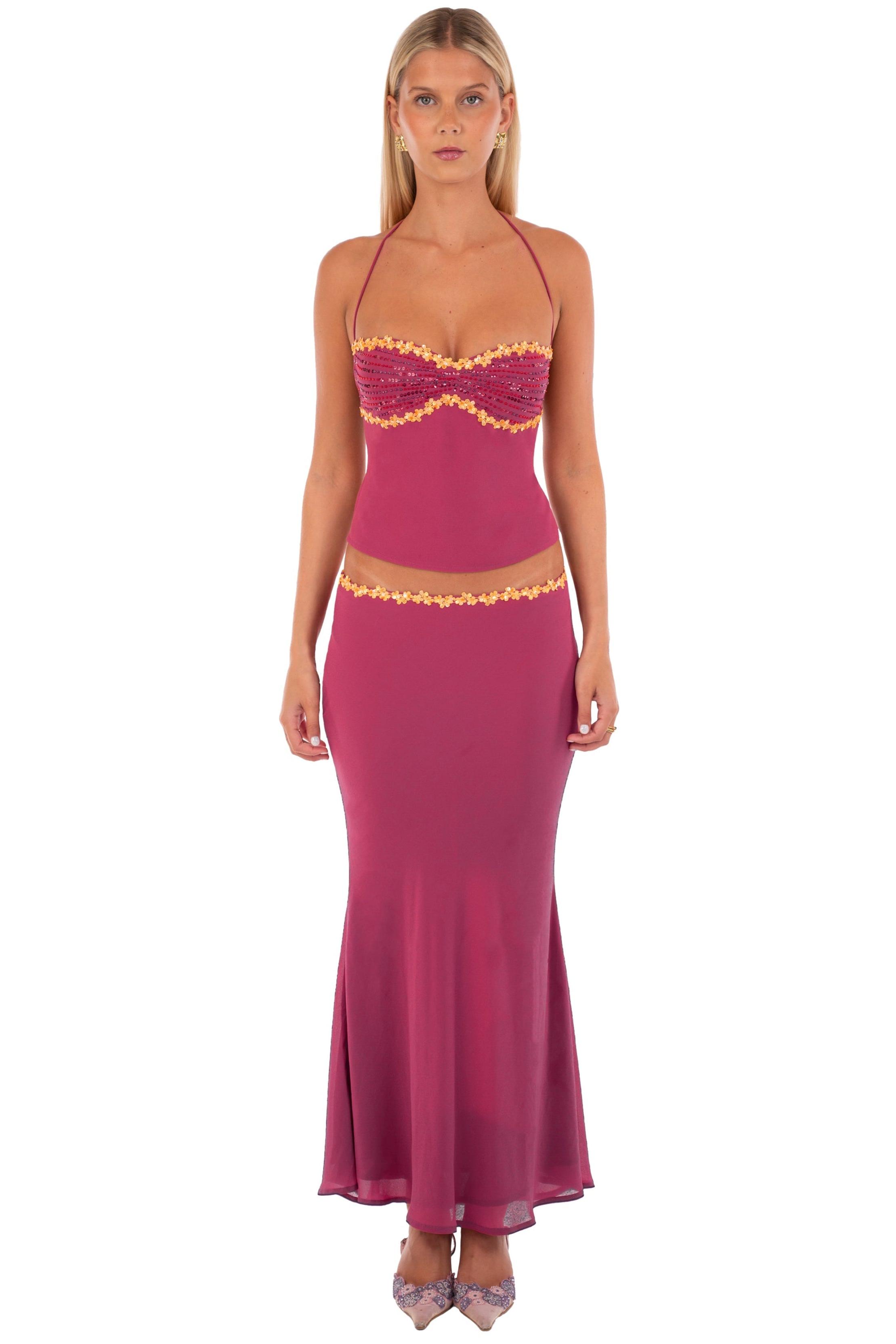 Chiffon Rivet Tie-Up Top & Low Waist Midi Skirt Set