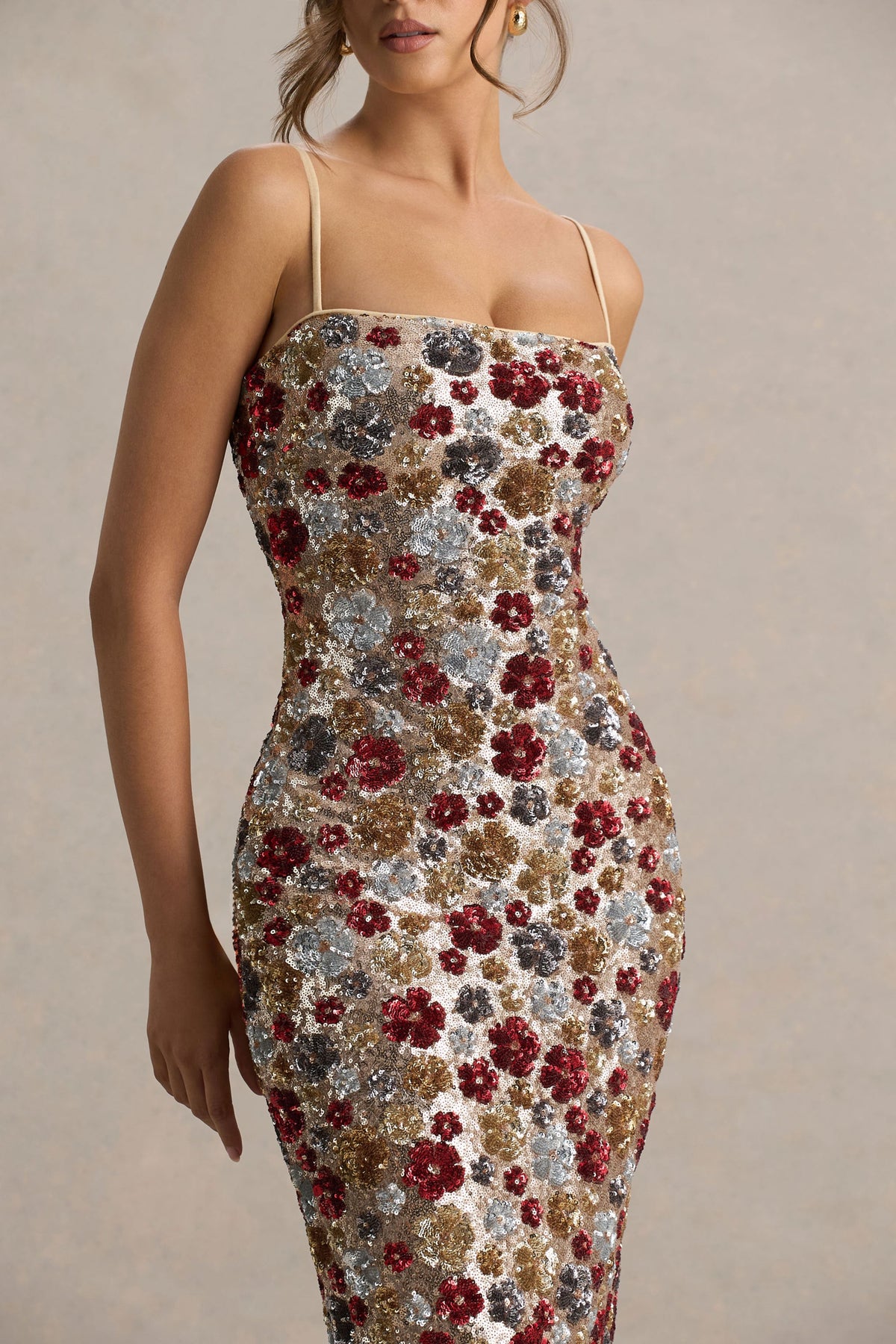 Vestido midi lencero floral con lentejuelas