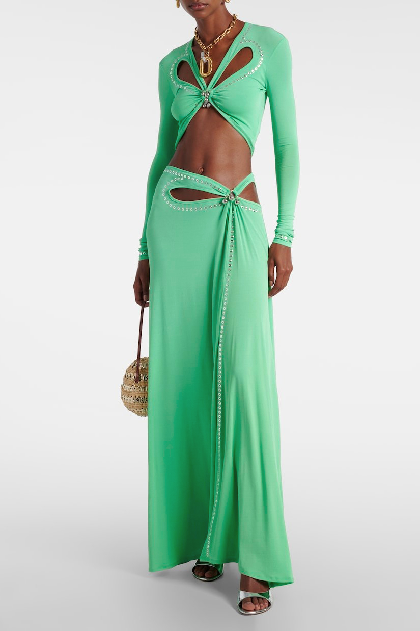 Jersey Metal Decorations Cut-Out Top &Low Waist Maxi Skirt Set