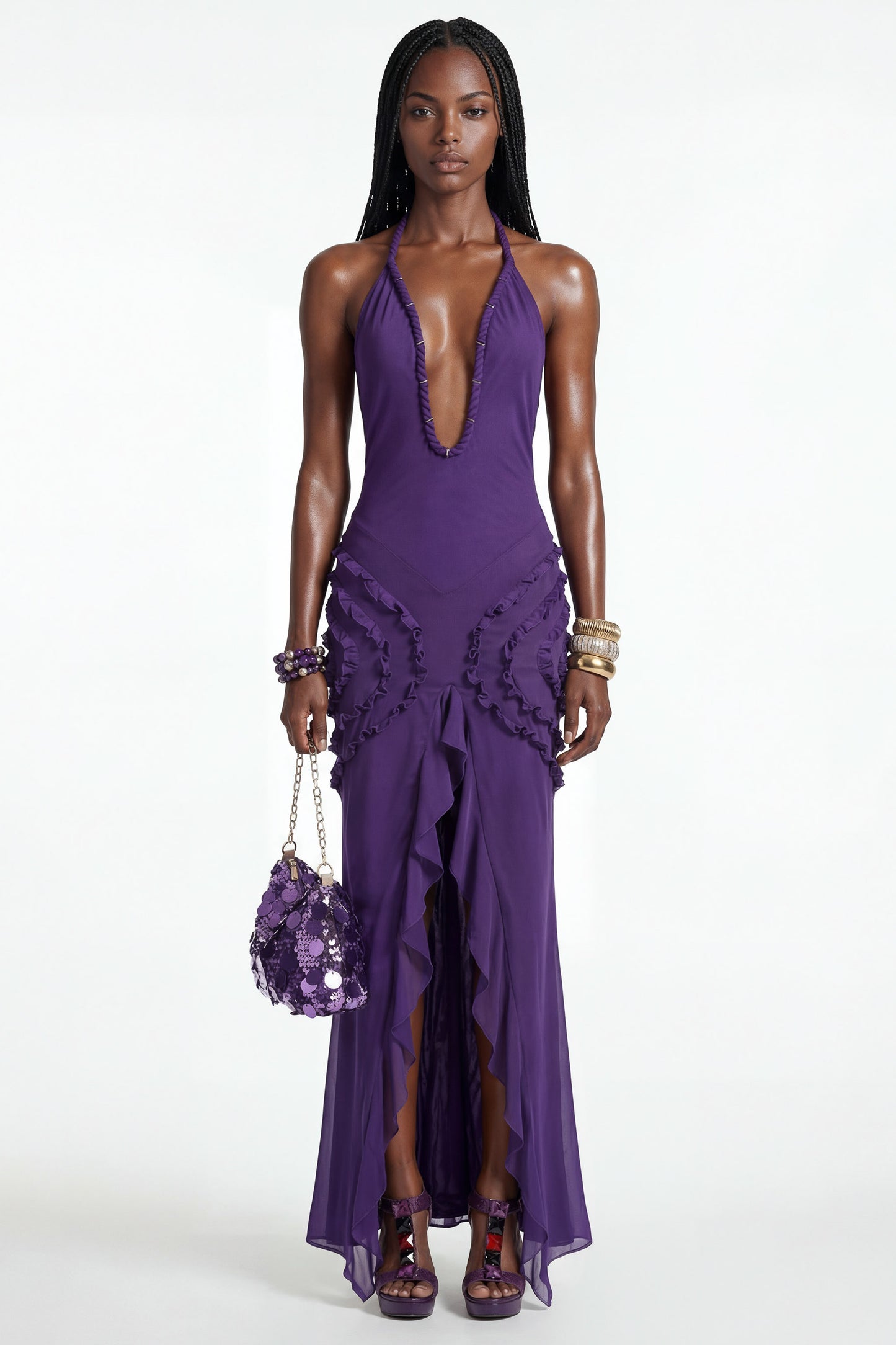 Mesh Decorative Rope Ruffle Slit Maxi Dress