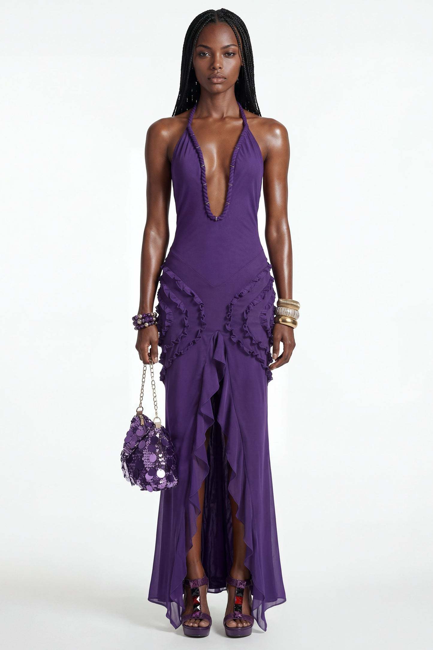 Mesh Decorative Rope Ruffle Slit Maxi Dress